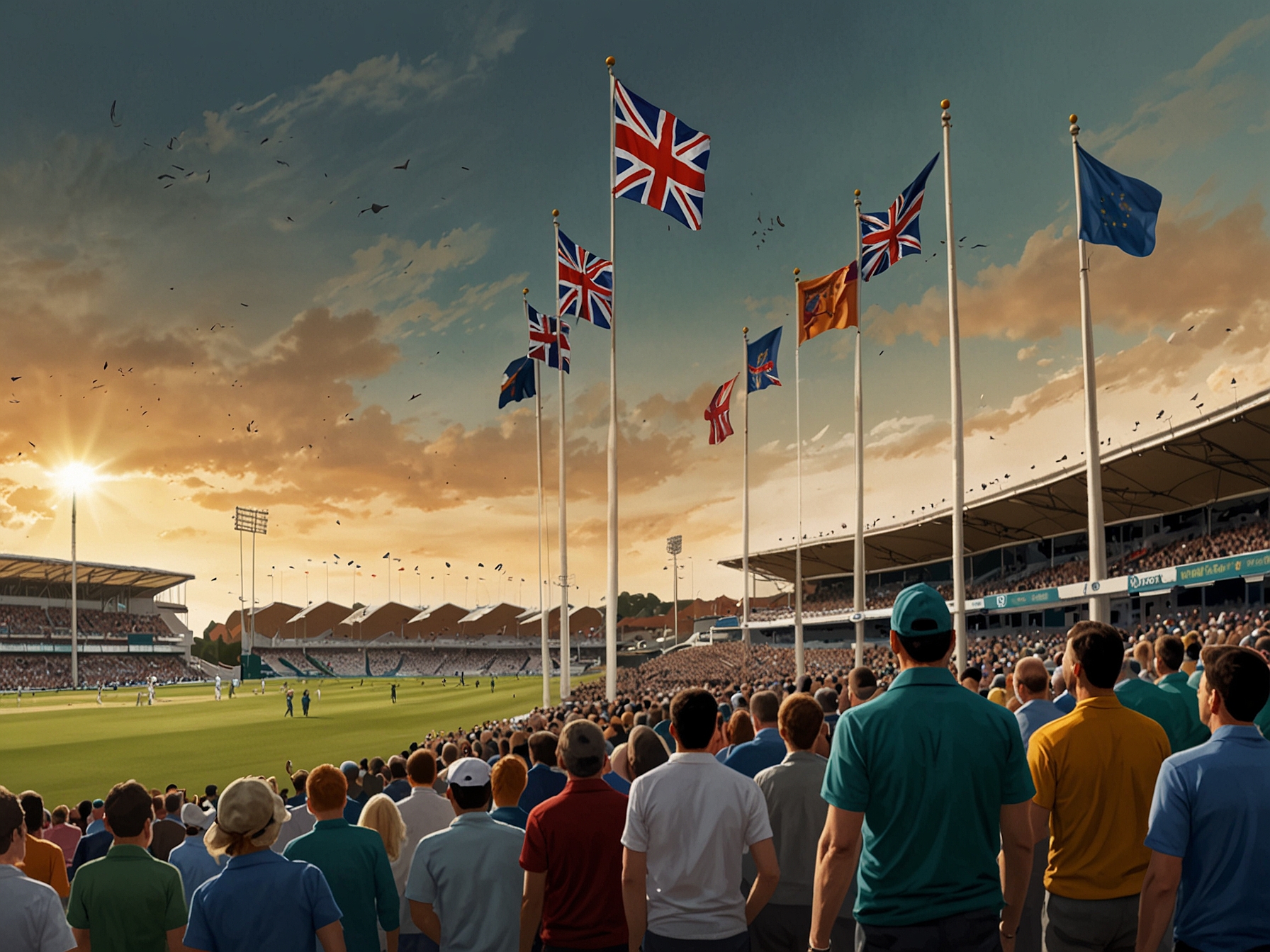 An excited crowd at Trent Bridge, displaying banners and flags, eagerly awaits the T20 Blast 2024 match between Nottinghamshire and Derbyshire.