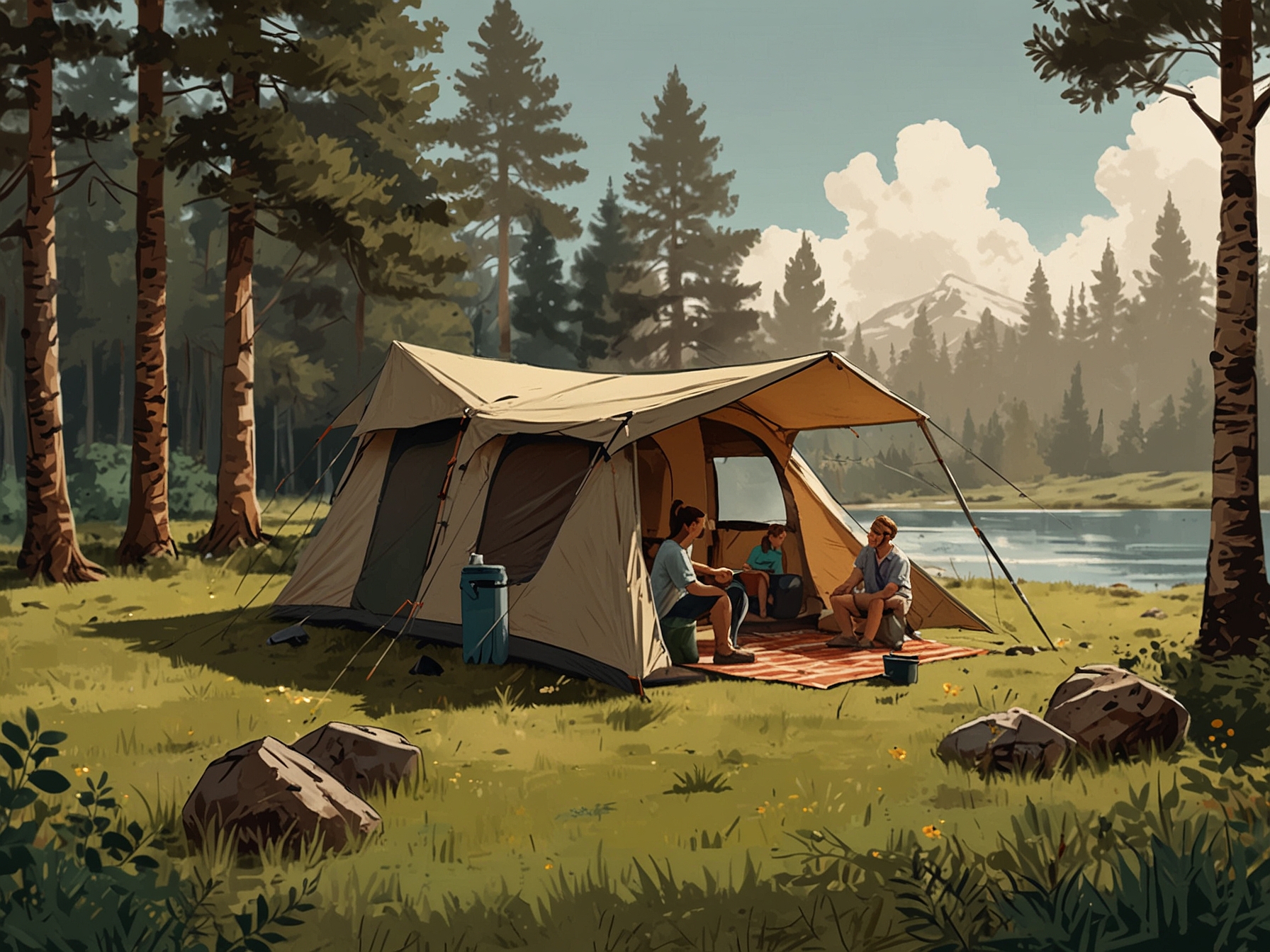 A family sets up a tent at a picturesque, family-friendly campsite with amenities like clean bathrooms and recreational activities, ensuring comfort and convenience.