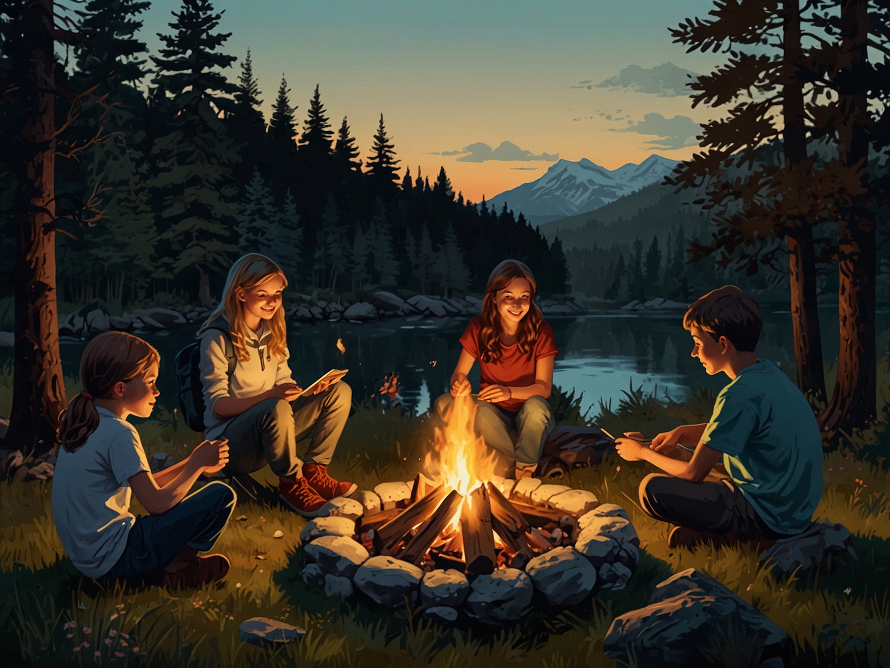 Kids roasting marshmallows over a campfire, enjoying classic camping meals like hot dogs and s’mores, surrounded by the natural beauty of a state or national park.