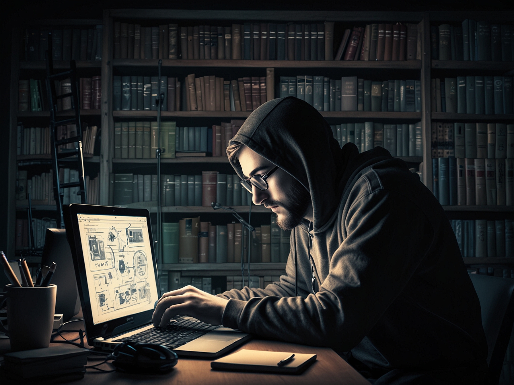 A beginner studying ethical hacking, surrounded by books on networking, operating systems, and programming languages while using a laptop with various hacking tools displayed.