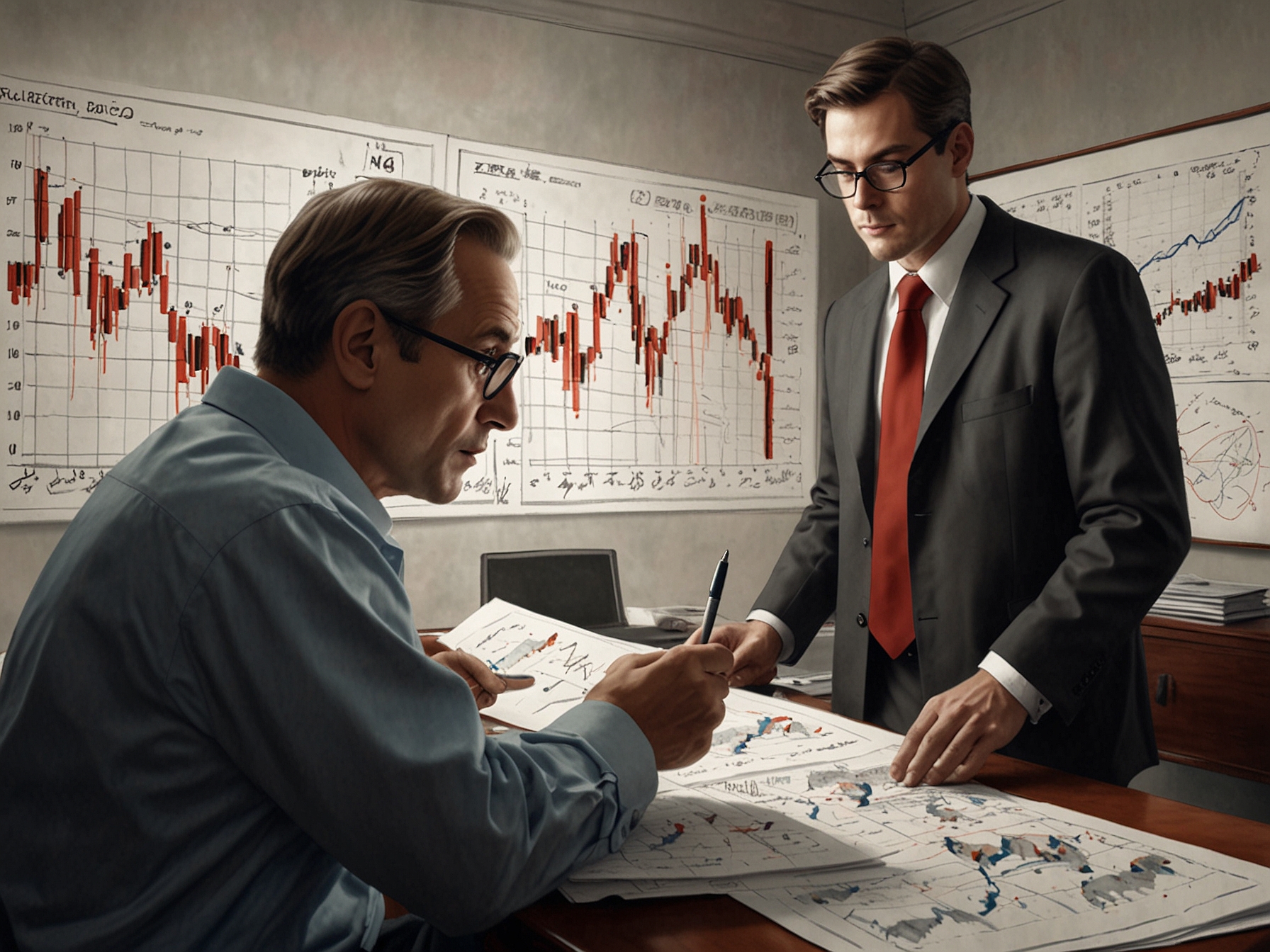 An illustration showing investors examining financial charts and Red Herring Prospectus (RHP) documents before making investment decisions in the Stanley Lifestyles IPO.