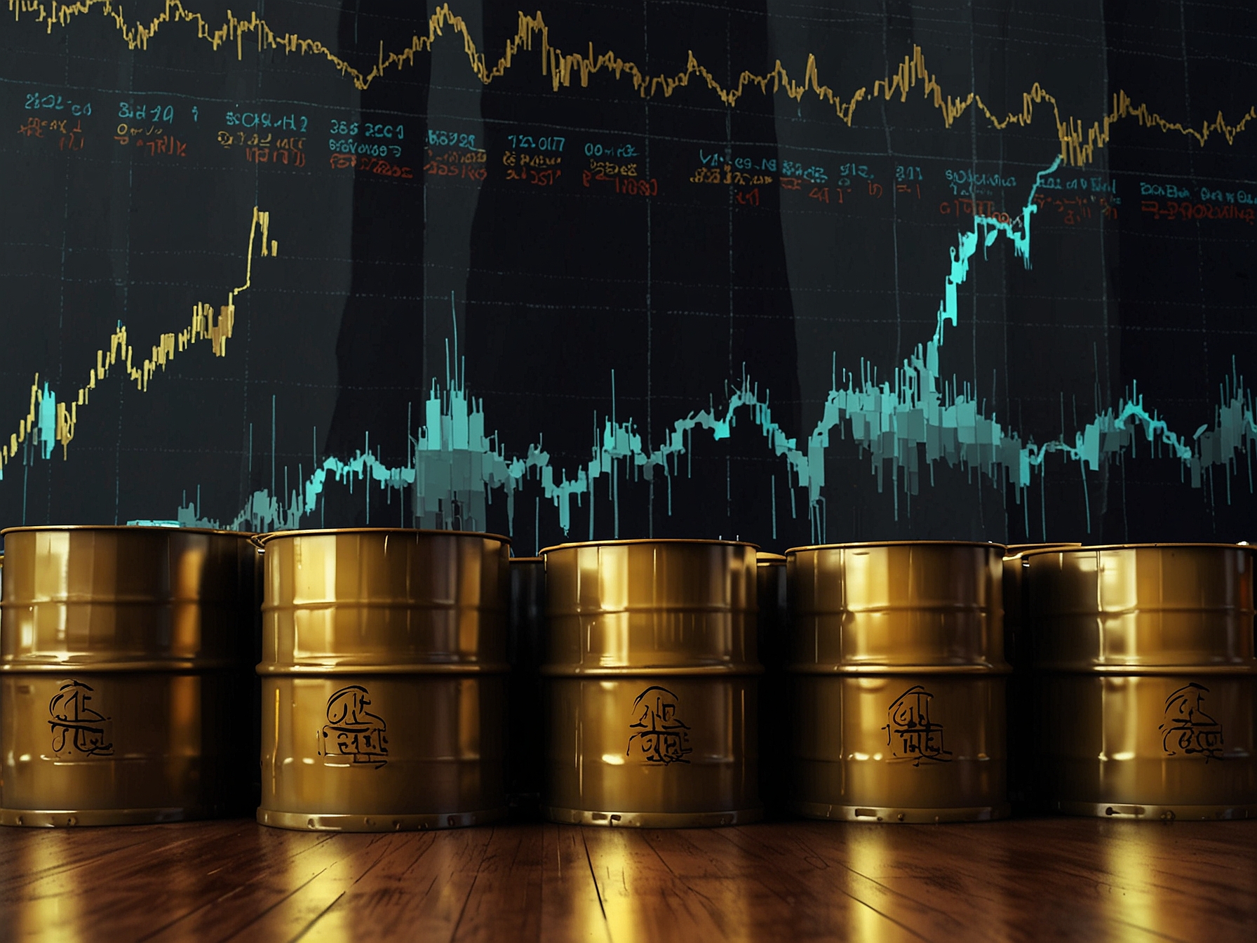 Oil barrels stored at a distribution site with a backdrop of financial data screens, indicating the impact of economic indicators and central bank policies on oil prices.