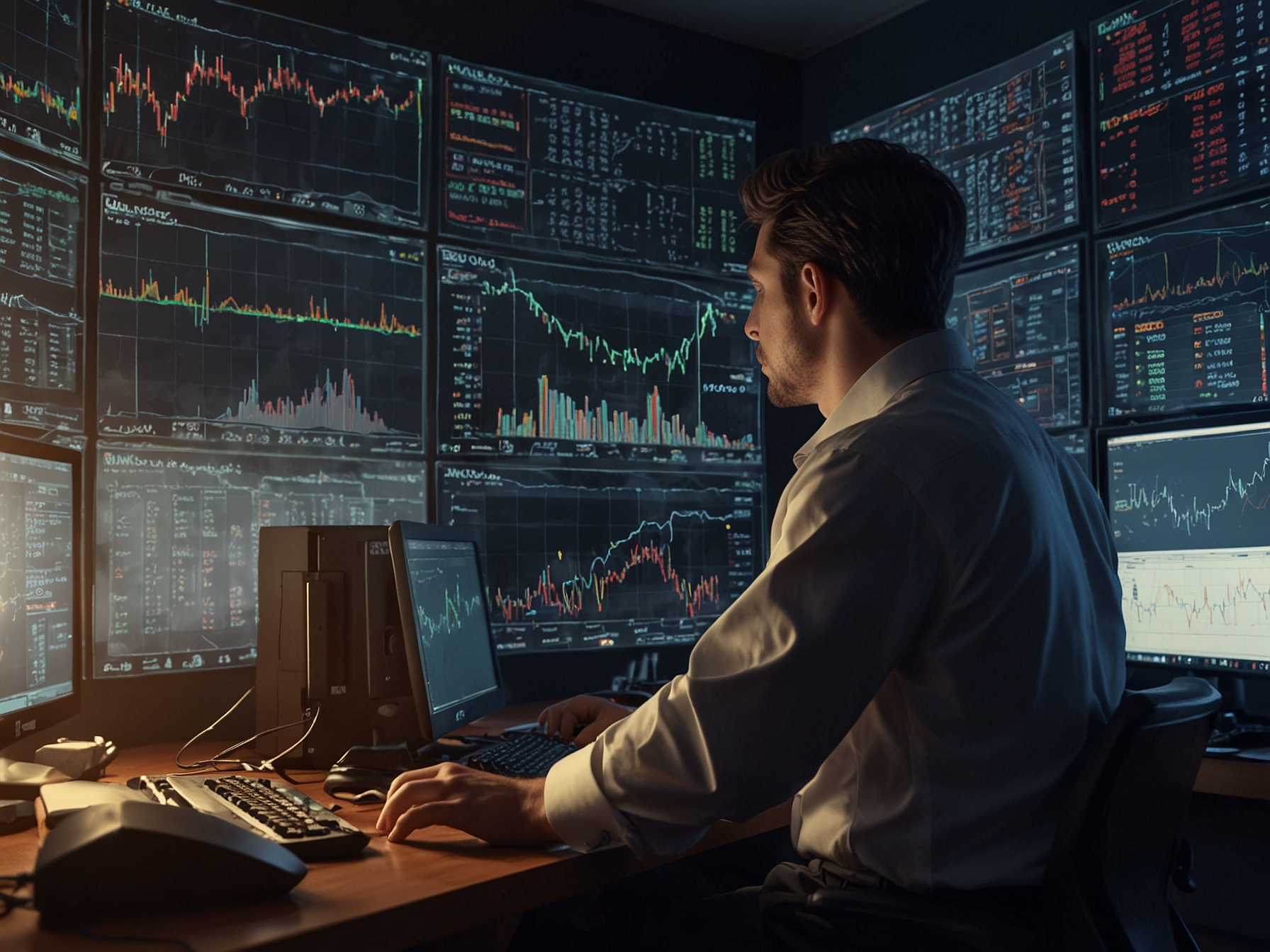 A trader closely monitoring a computer screen displaying large order flows and trading activities, symbolizing 'whales' making significant trades that influence the stock market.