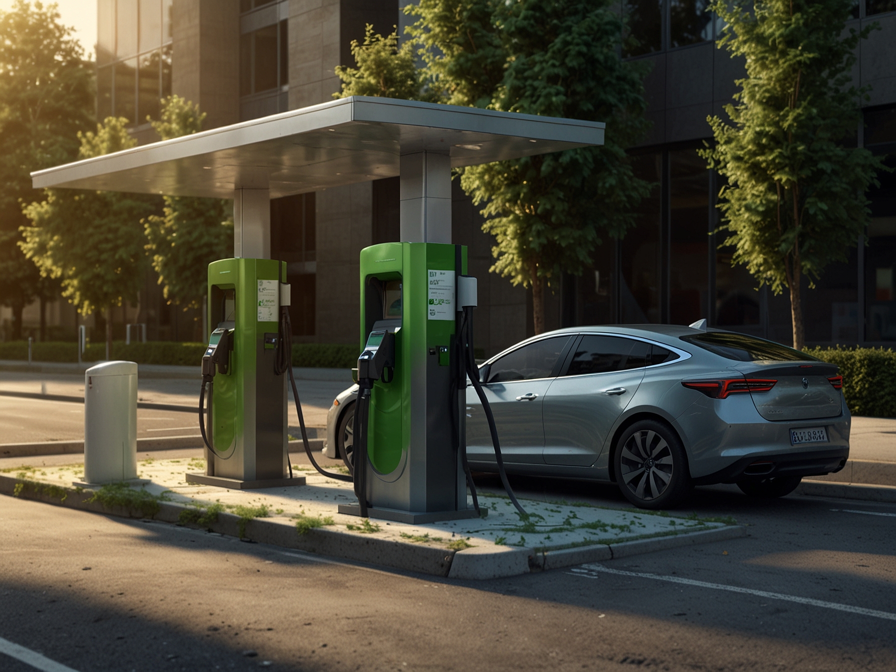 An image illustrating electric and hybrid vehicles parked at a charging station, emphasizing the importance of accessible green technology in reducing carbon emissions.