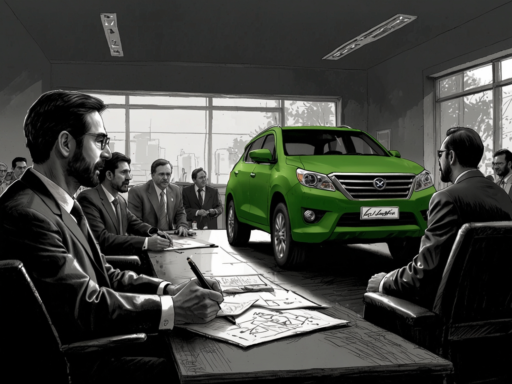 A visual representation of a government meeting where policy makers discuss the implications of proposed sales tax hikes on eco-friendly vehicles in Pakistan.