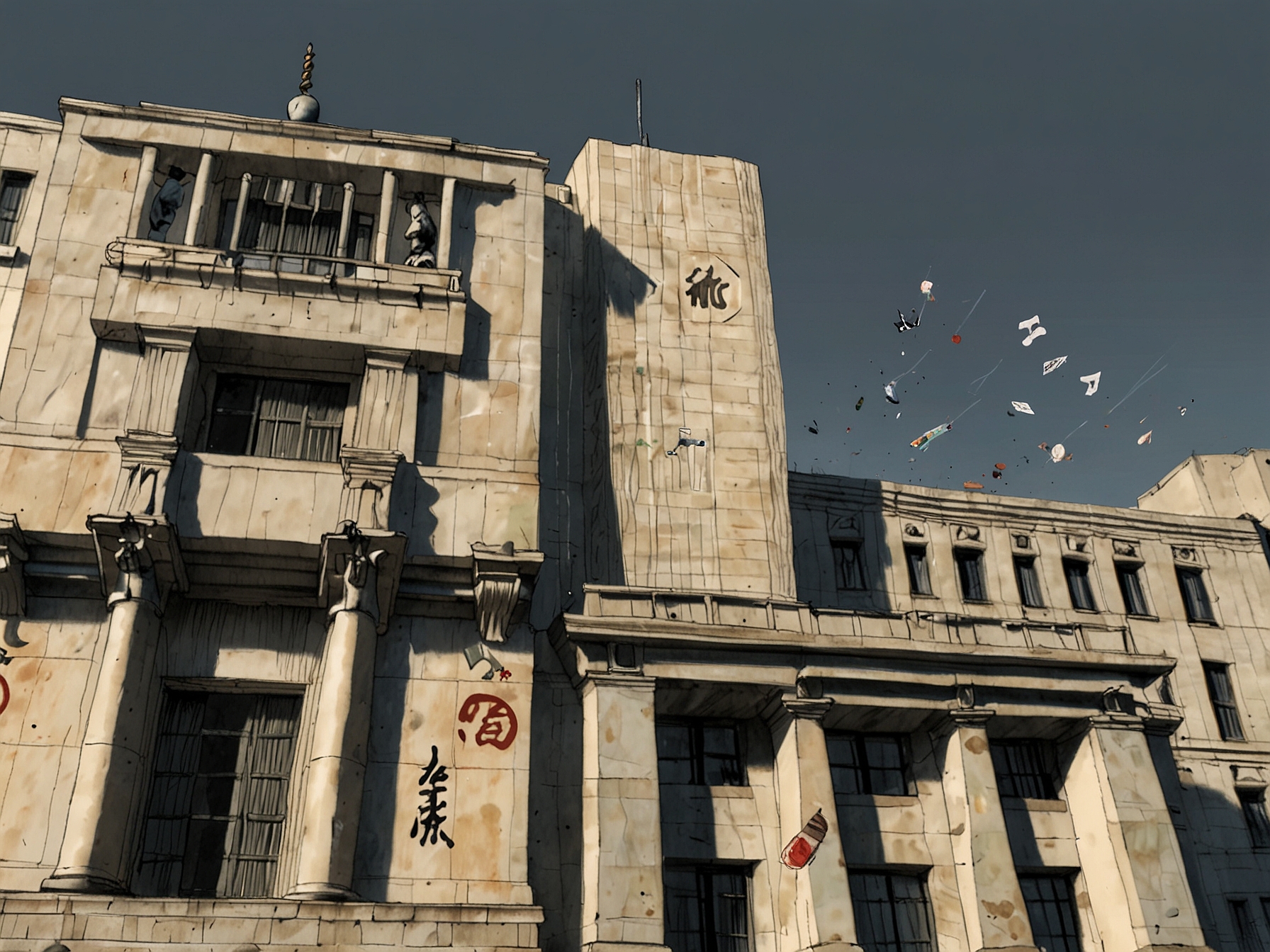 An image of the Bank of Japan building, with a backdrop of currency symbols and commodity prices, symbolizing the interplay between monetary policy, inflation rates, and international economic impacts.