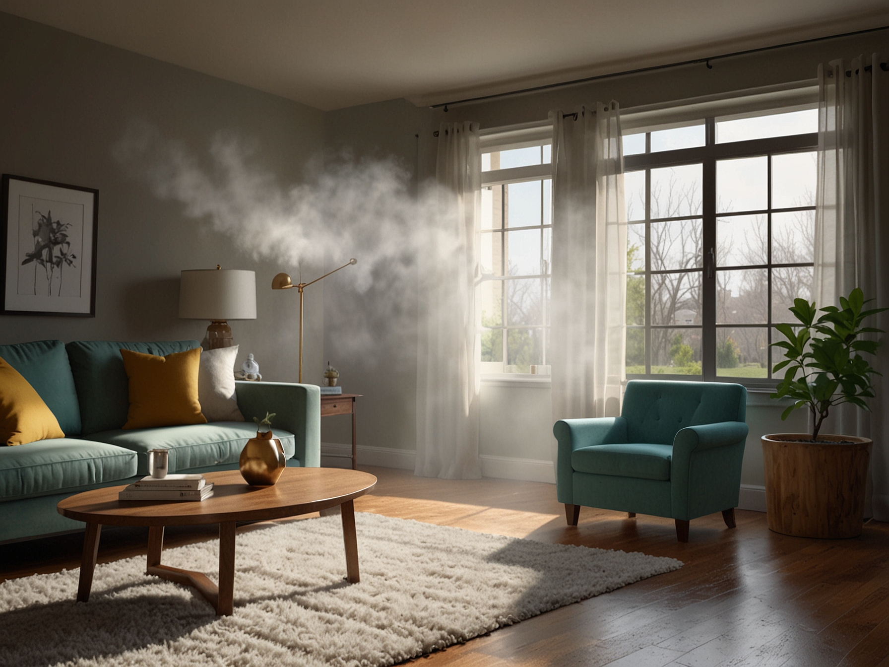 An image showcasing a full-room humidifier like the Honeywell HCM350W, placed in a spacious living room setting, demonstrating its effectiveness in providing clean mist throughout the room.