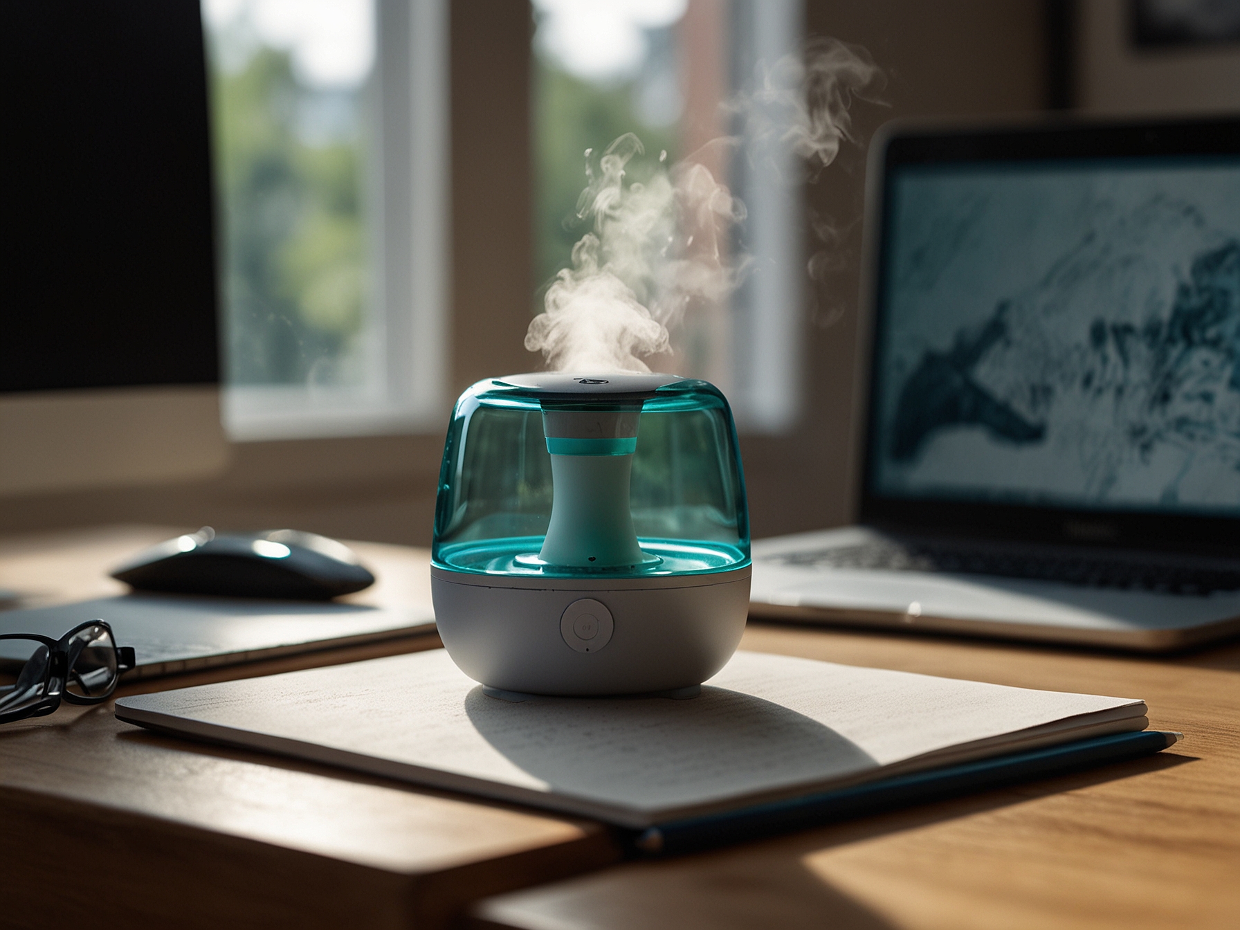 A desktop setting featuring a compact humidifier like the Vicks Mini Filter-Free Cool Mist Humidifier, placed next to a laptop on a work desk, illustrating its suitability for smaller personal spaces.