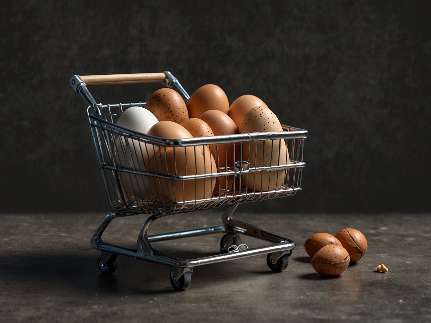 A shopping cart filled with organic eggs and Kirkland Signature's mixed nuts, highlighting the significant price jumps these essential items have seen, affecting household budgets.
