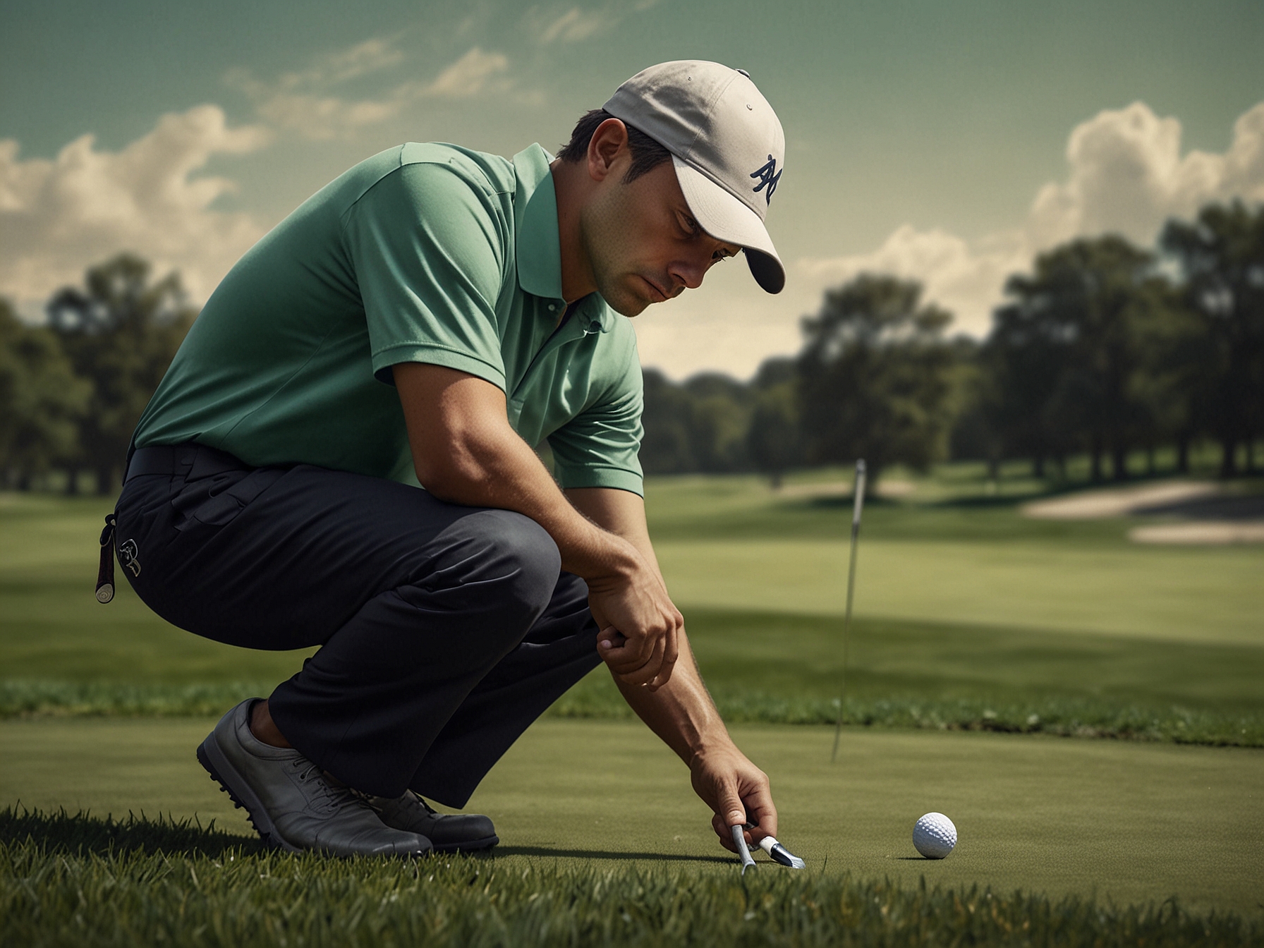 Vital in a focused stance, putting on a challenging green during a competitive golf match, showcasing his calm demeanor and strategic gameplay essential for the Michigan qualifier.