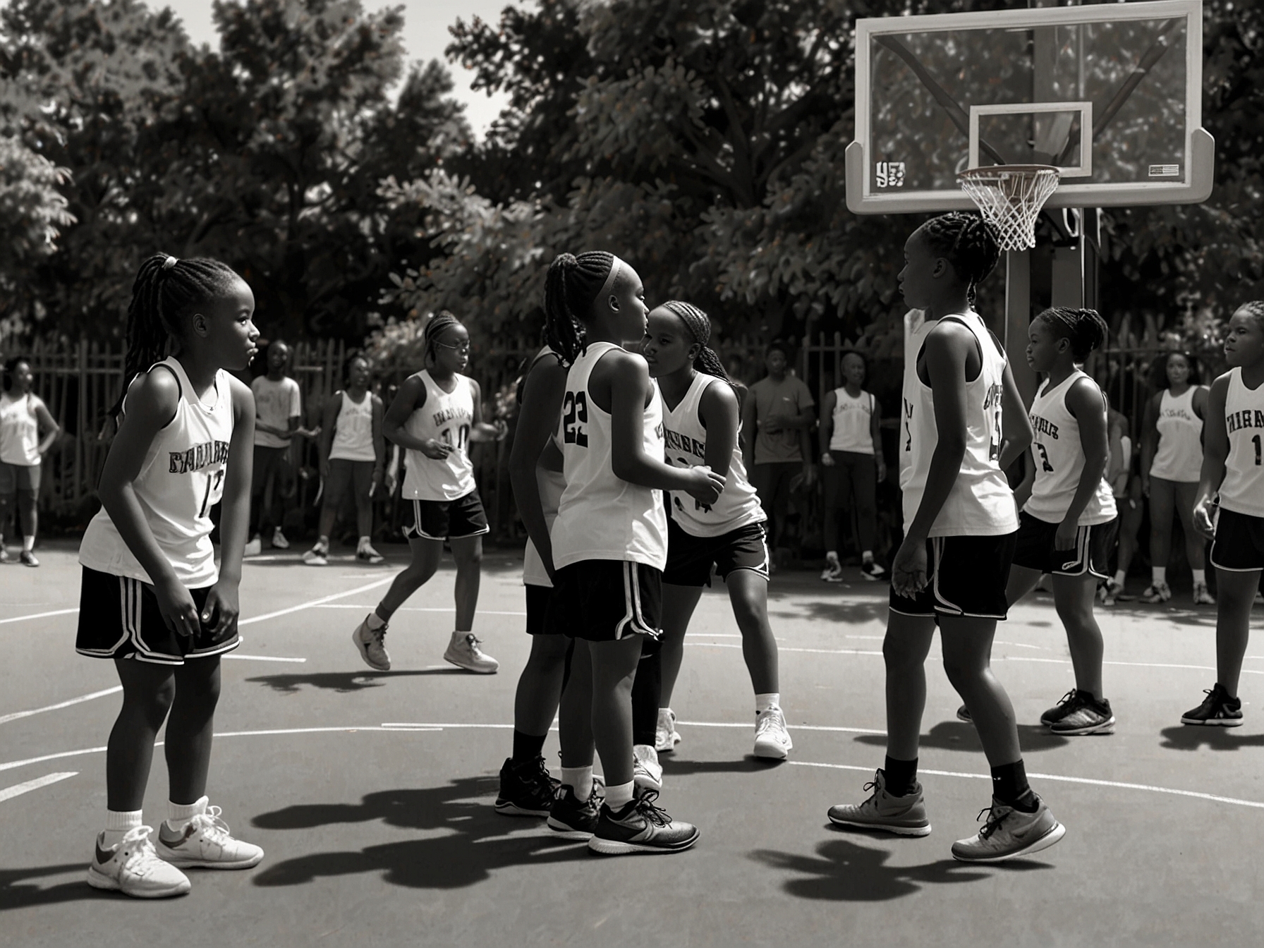 Young girls participating in a youth basketball clinic organized by HoopQueens, with professional players mentoring and guiding them, fostering the next generation of female basketball stars.