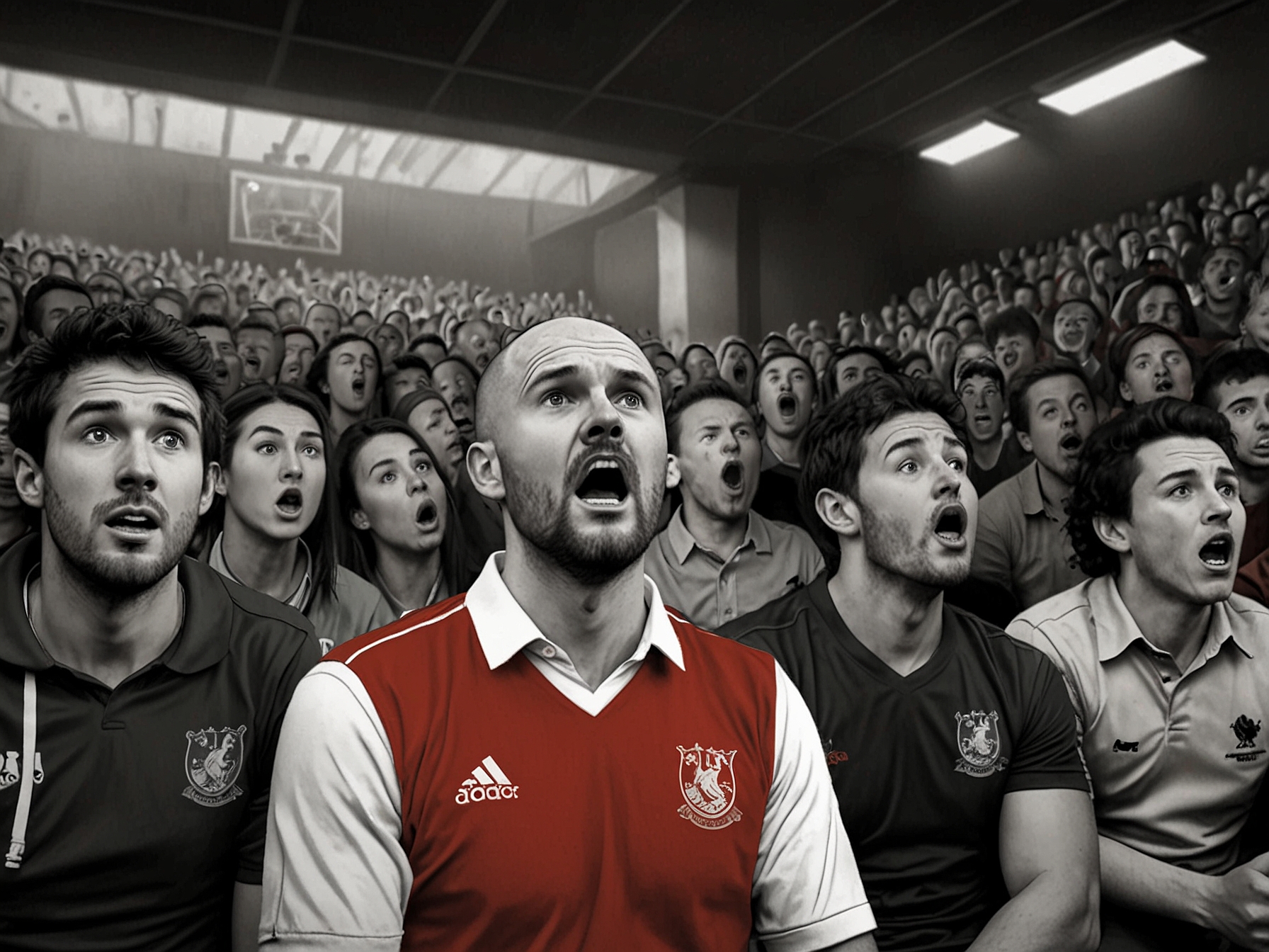 A group of Welsh football fans reacting to the announcement of Rob Page's dismissal. Some appear disappointed while others seem hopeful, symbolizing the mixed reactions to the FAW's decision.