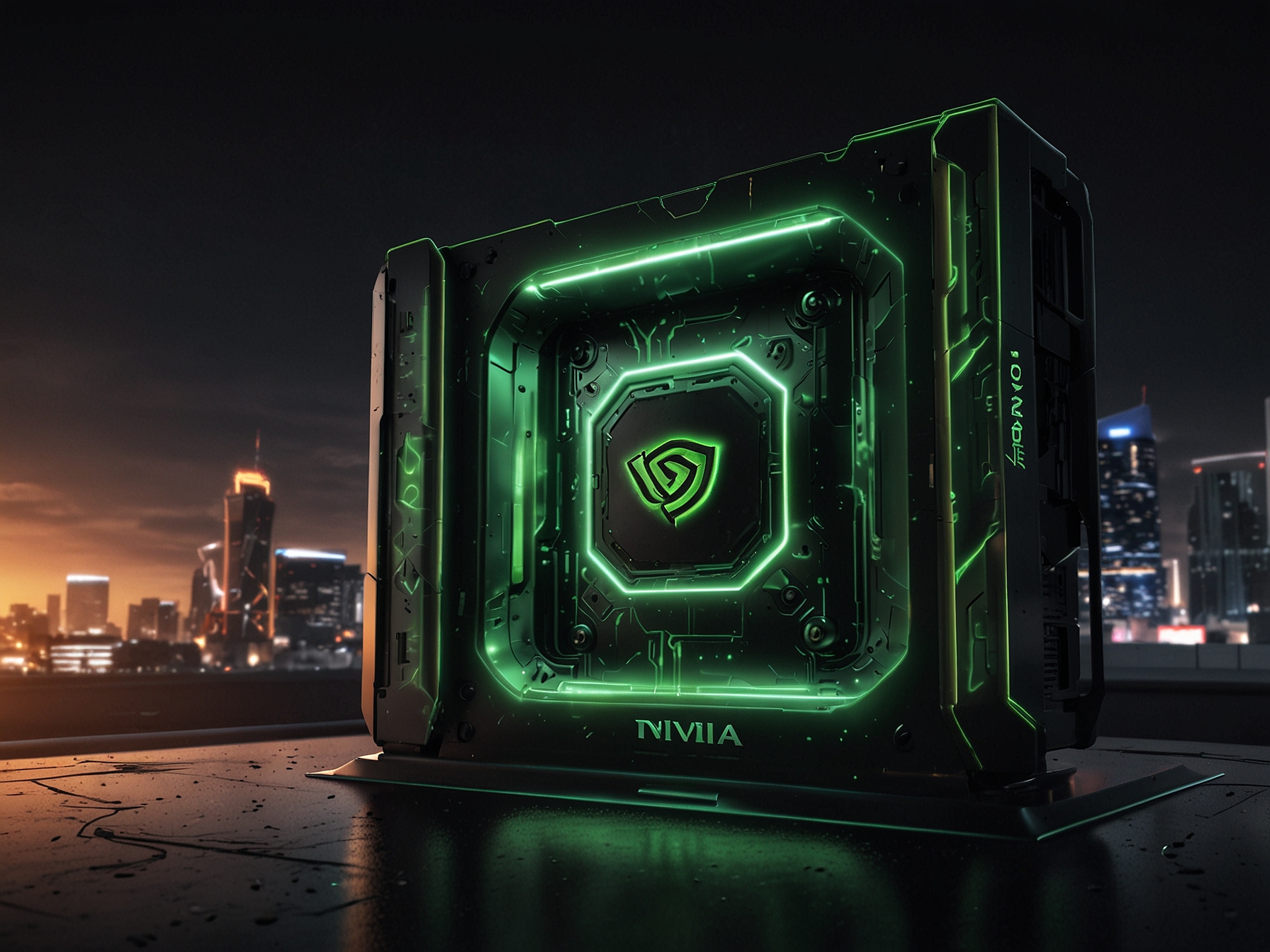 A visual representation of Nvidia's growth in GPU technology and AI sectors, showcasing its dominance in gaming and data centers, with futuristic elements like autonomous vehicles.