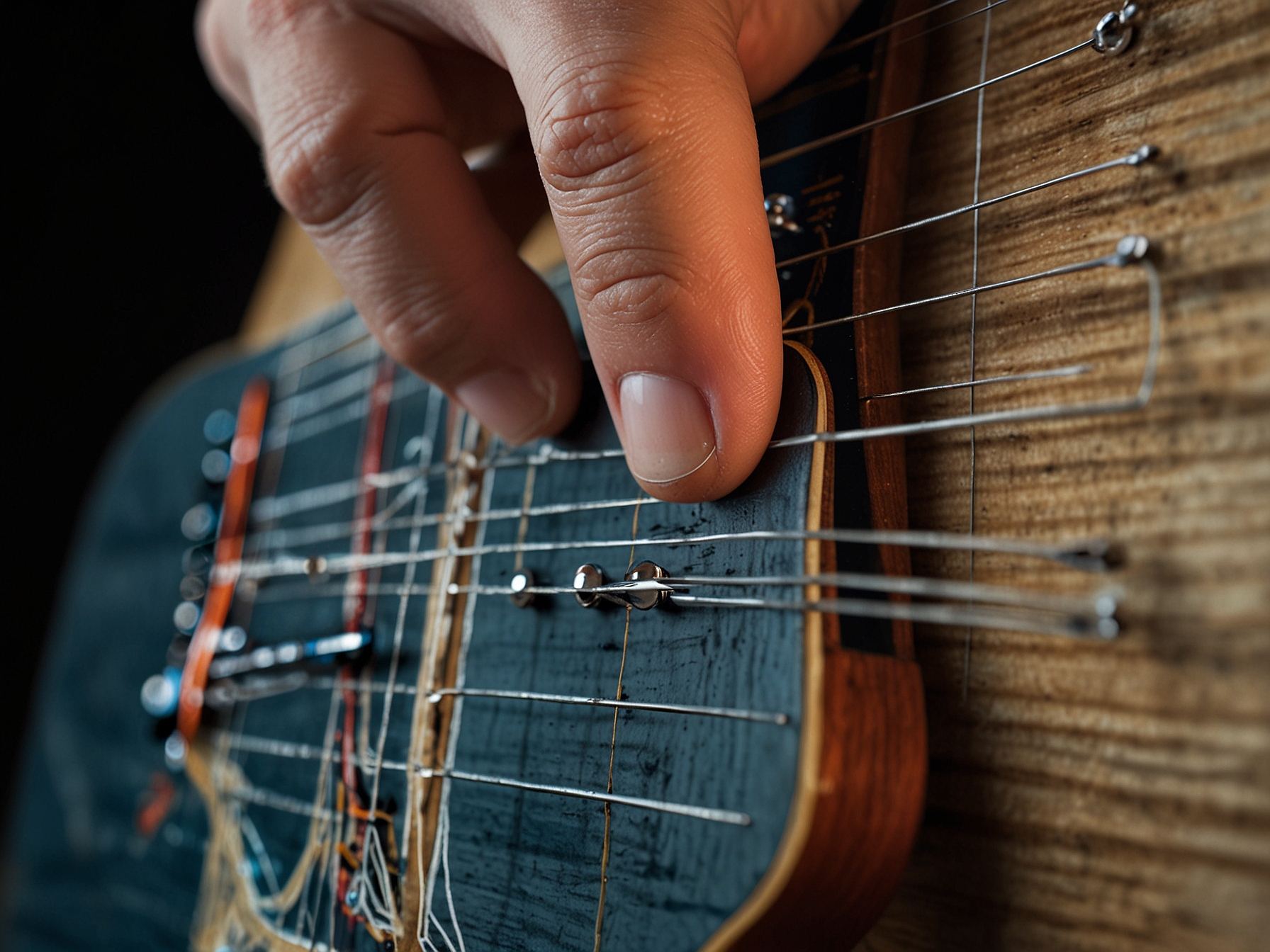 A guitarist's hand demonstrating the spider exercise on the guitar fretboard, with fingers placed on different frets of adjacent strings, highlighting the arachnid-like finger movements.