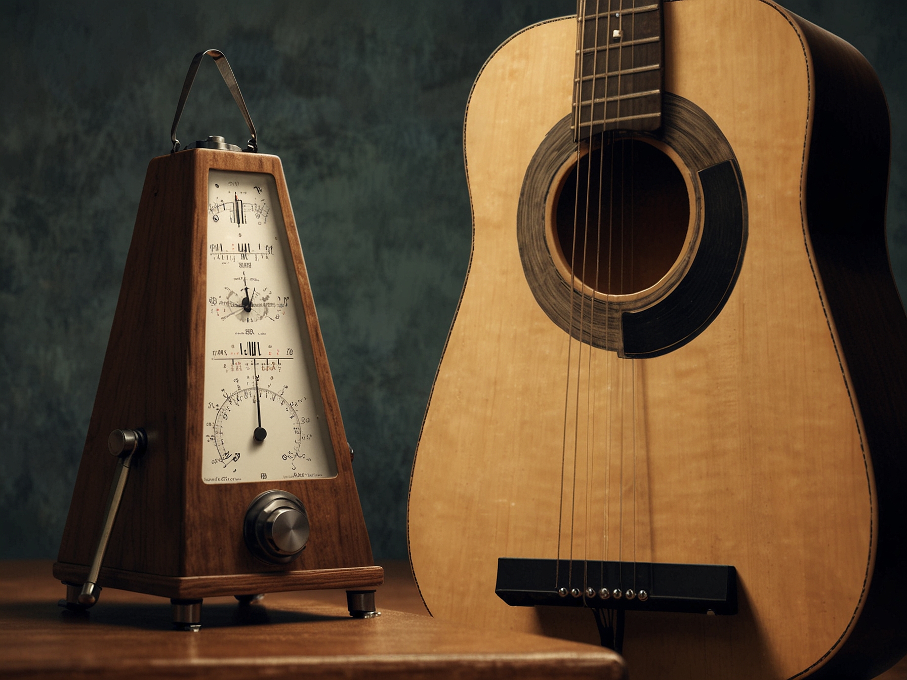 A close-up shot of a metronome set at a slow tempo next to an acoustic guitar, emphasizing the importance of starting the spider exercise at a comfortable speed for accuracy and precision.