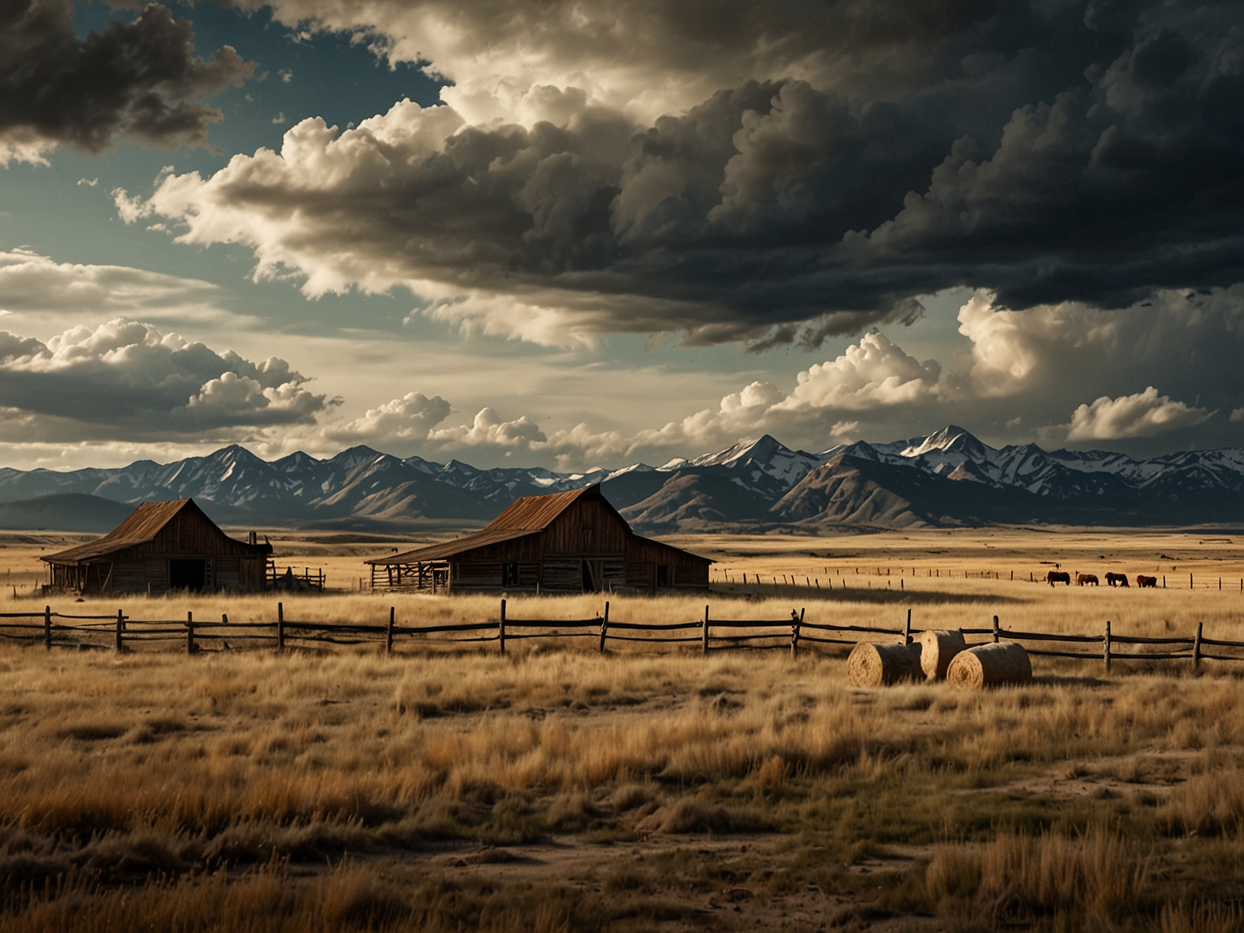 A picturesque scene of the Dutton family ranch in Montana, capturing the majestic landscape and dramatic skies that have become synonymous with 'Yellowstone'.