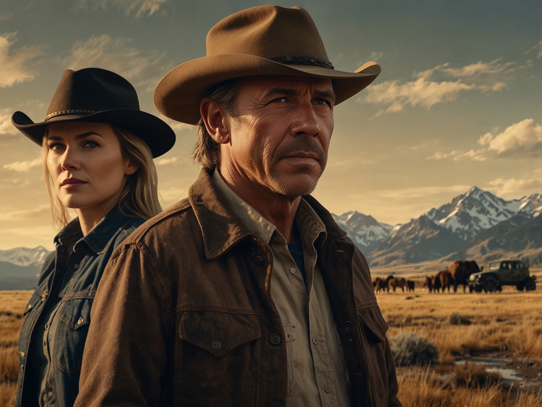 The main cast of 'Yellowstone', including Kevin Costner as John Dutton, standing together with the rugged Montana backdrop, highlighting their intense and complex relationships.