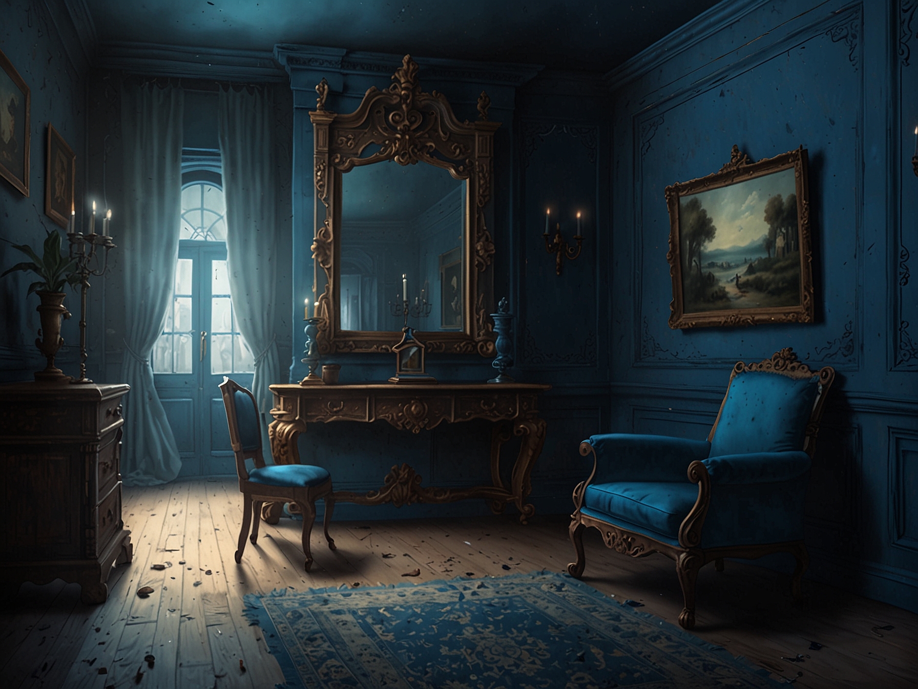 A beautifully detailed room in Blue Prince, with antique furniture and dust-covered objects, inviting players to uncover hidden secrets and clues for the overarching mystery.