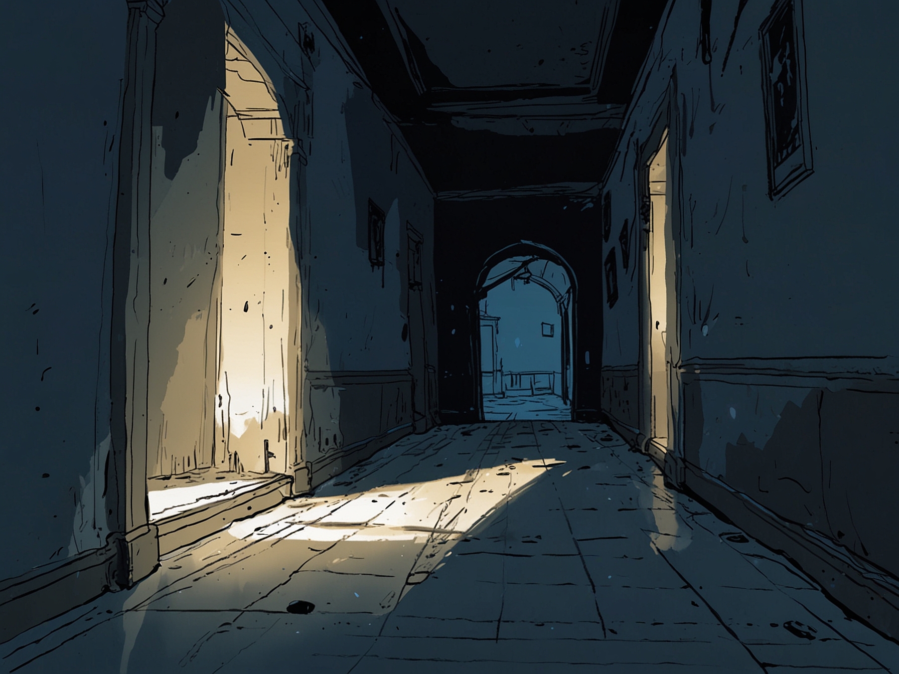 An eerie hallway in Blue Prince, filled with ambient sounds and shifting shadows, evoking a sense of wonder and dread as players explore and interact with the environment.