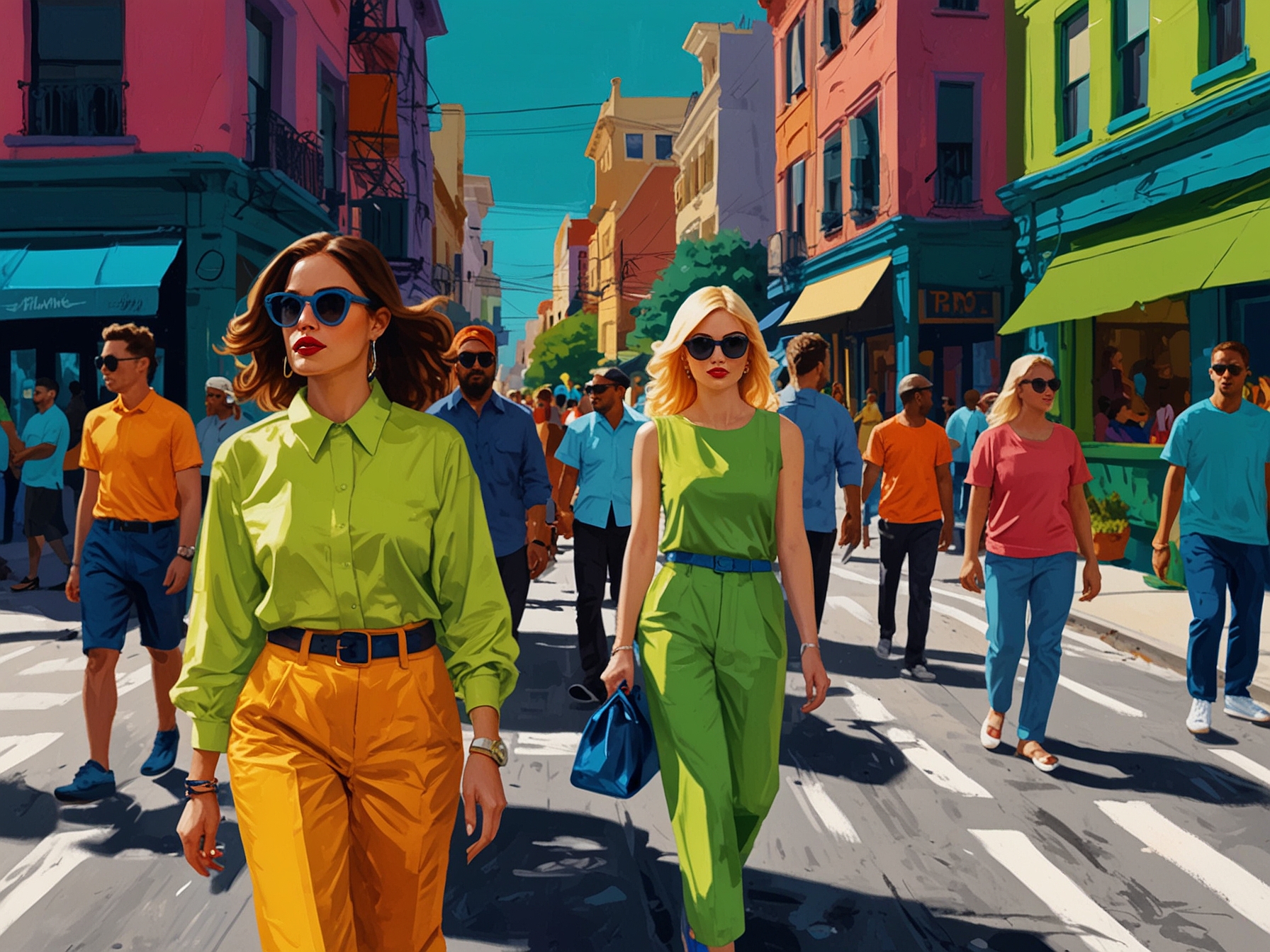 A vibrant street scene featuring individuals in colorful outfits, including neon greens and electric blues, highlighting the trend of bold hues in modern fashion.