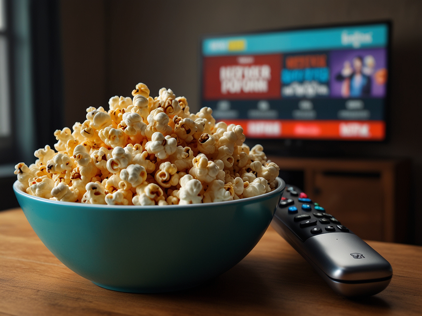A colorful bowl featuring Netflix's Cult Classic Cheddar Kettle popcorn, placed beside a TV remote and a Netflix streaming screen, ready for a binge-watching session.