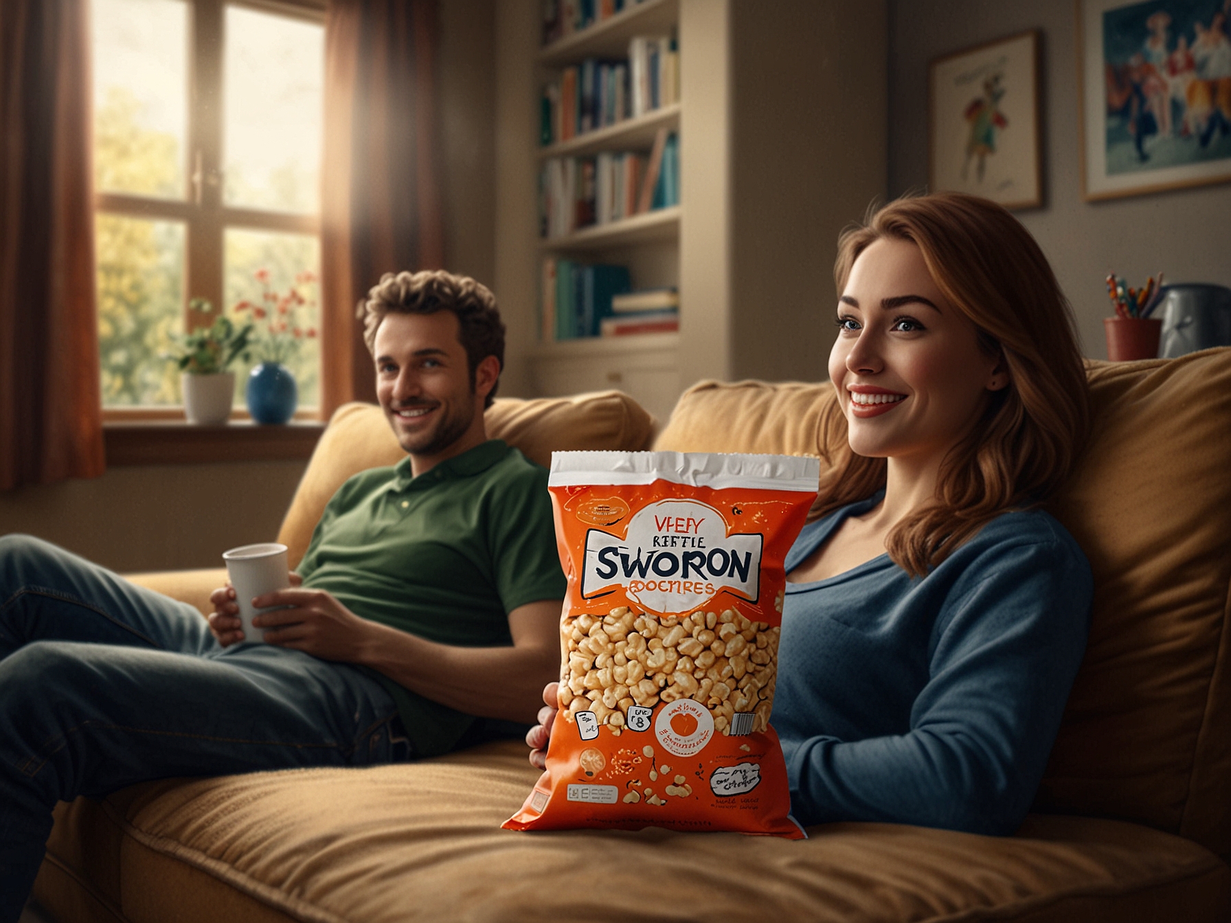 A bag of Swoonworthy Cinnamon Kettle popcorn held by a viewer lounging on a couch, with a Netflix series playing on the TV, illustrating a perfect at-home movie night.