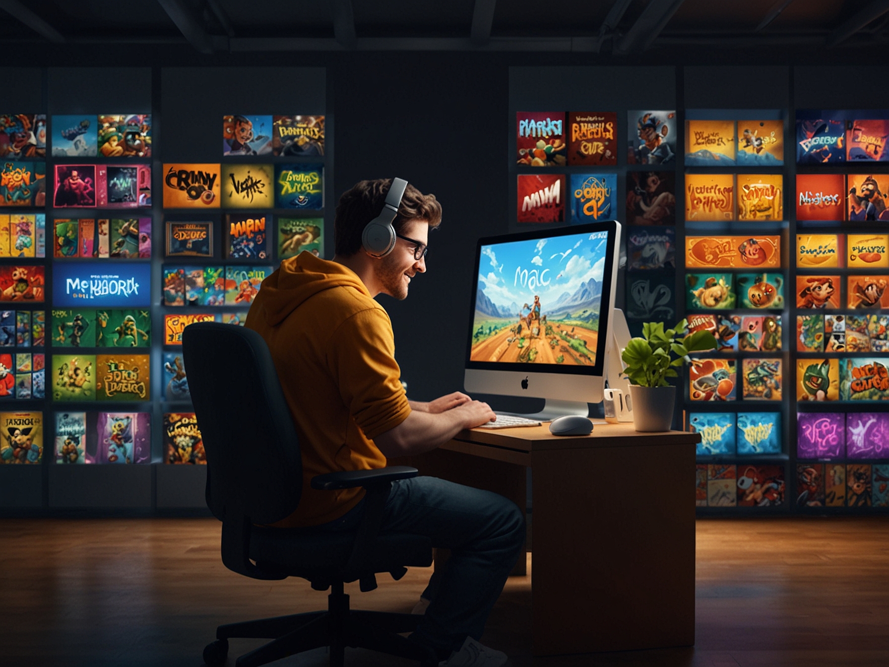 A happy gamer sitting in front of a Mac, excitedly browsing the Mac App Store's discounted games section, with various titles' titles and prices visible on the screen.