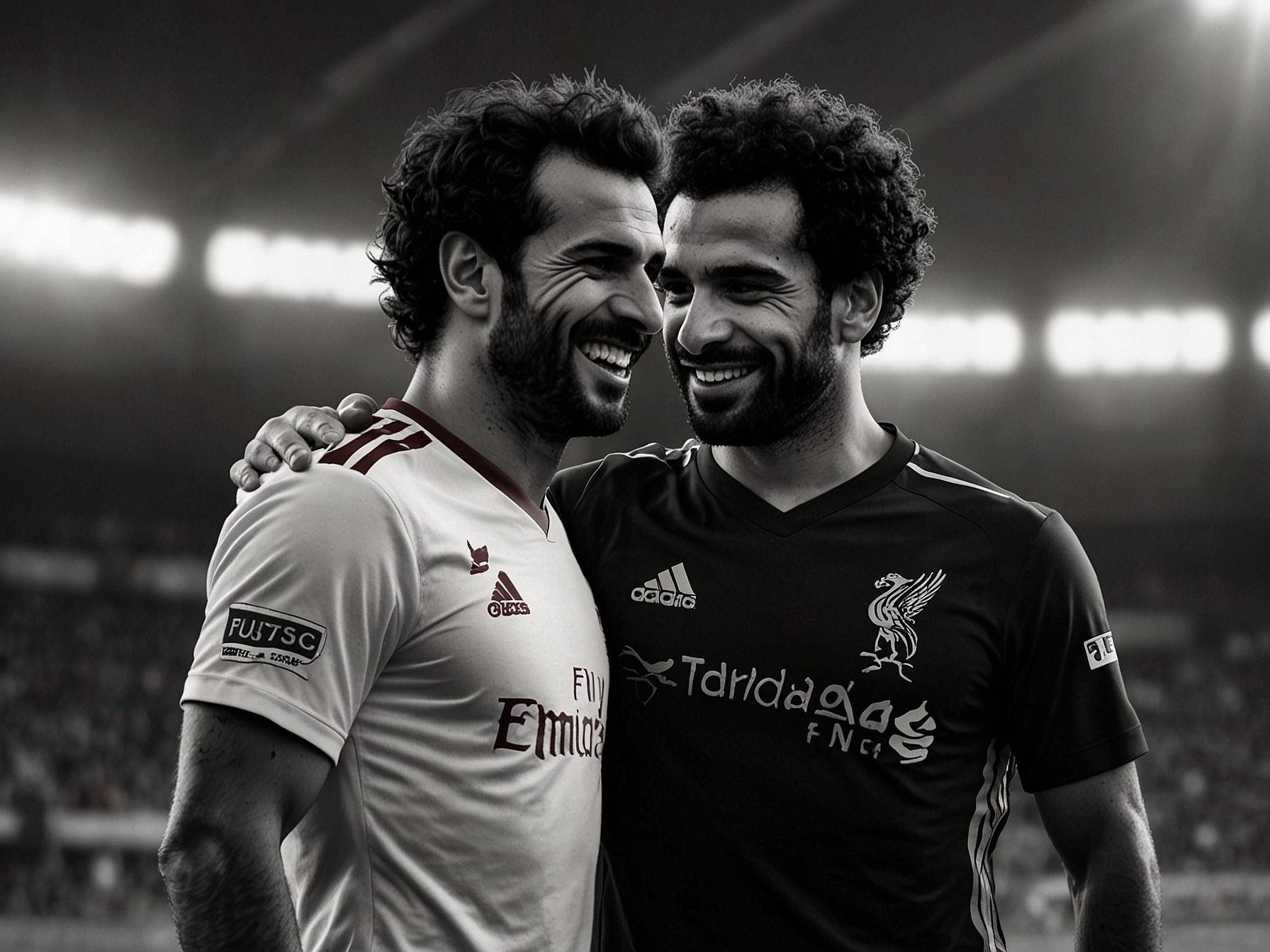 Cesc Fabregas and Mohamed Salah sharing a moment on the football field, illustrating Fabregas's admiration for Salah's exceptional abilities and complete skill set.