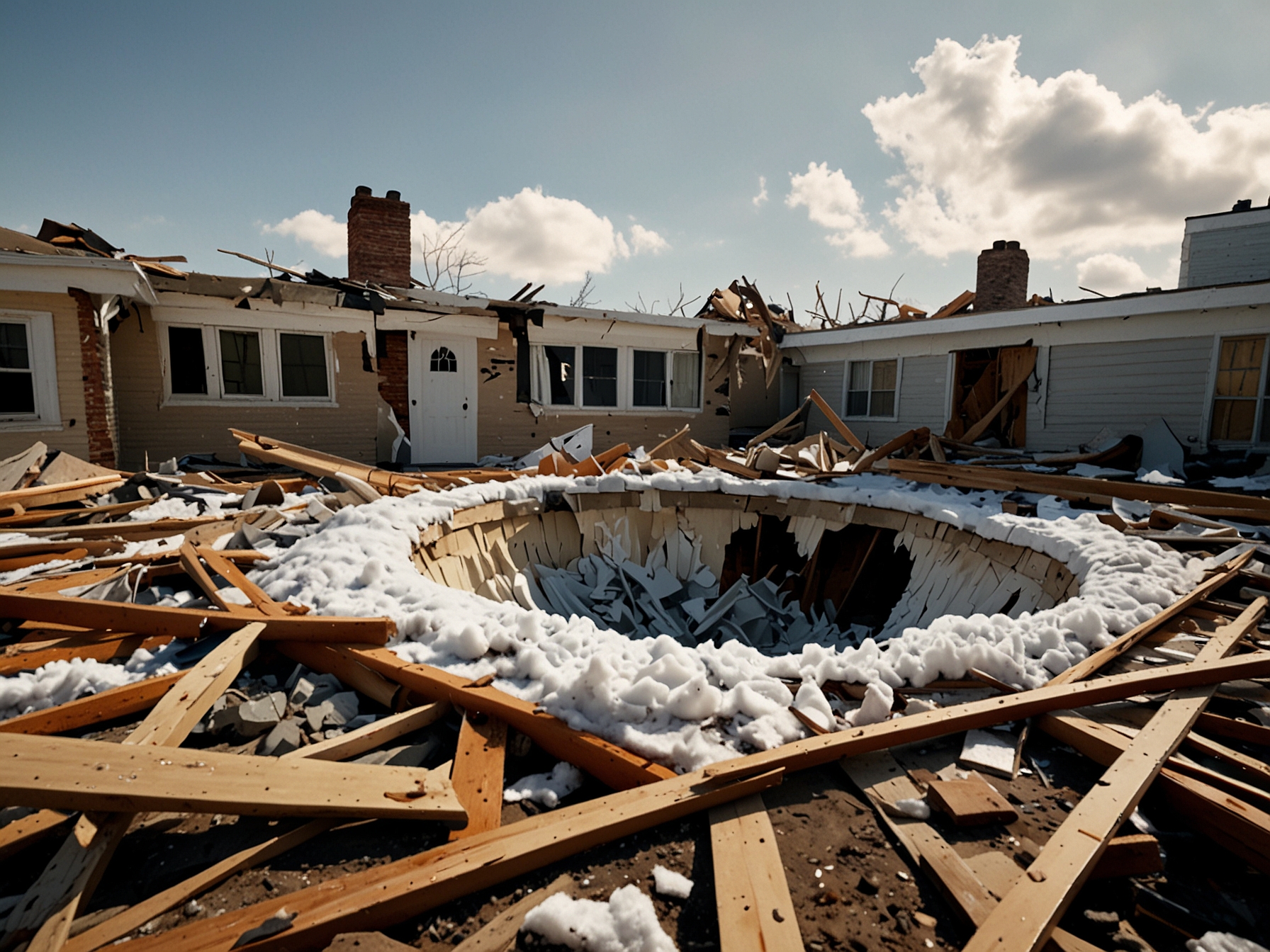 A gaping hole in a New Jersey home's roof surrounded by debris, with a large chunk of ice lying amidst the wreckage, illustrating the extent of the damage.