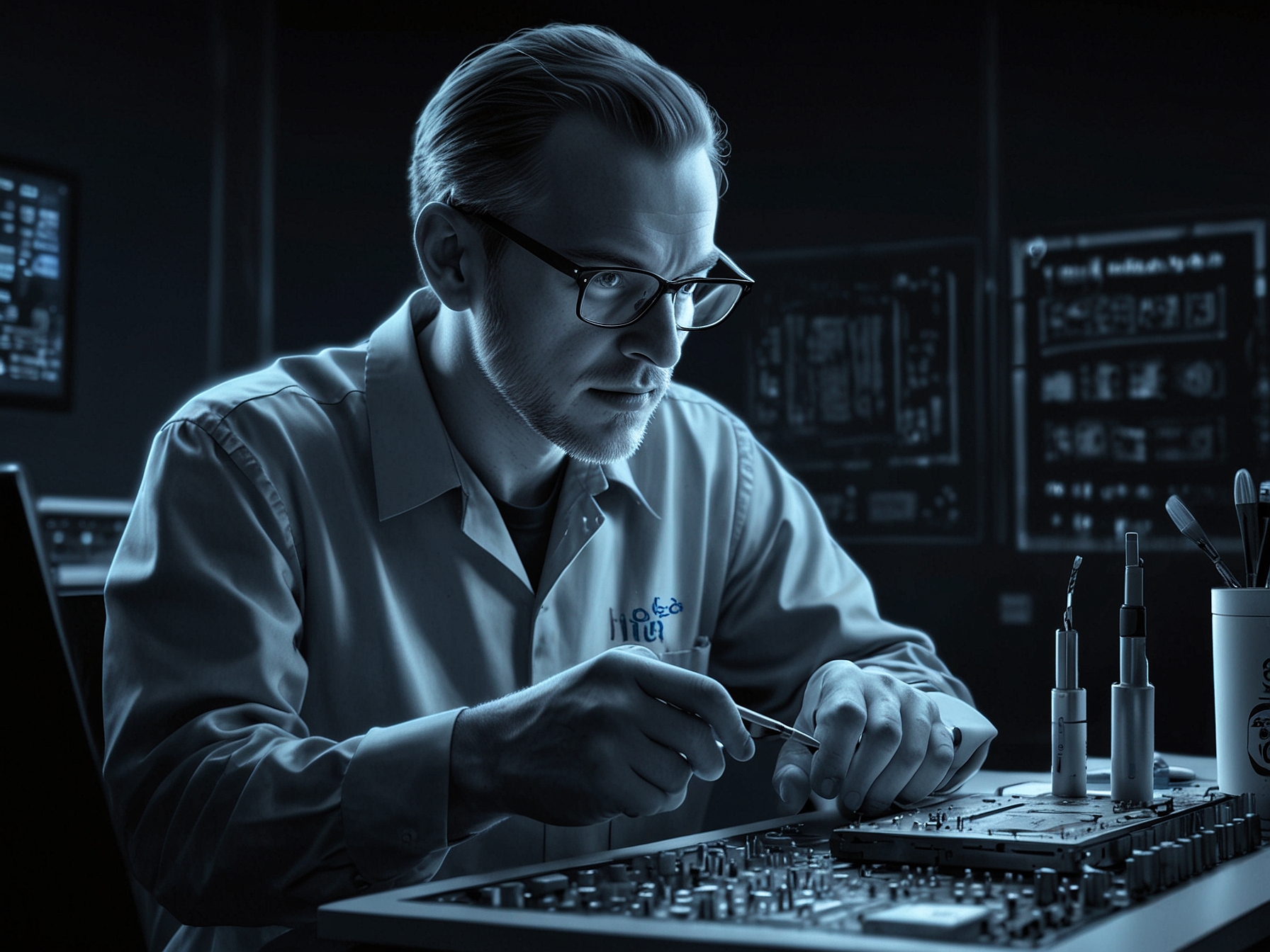 An engineer works on testing Intel's Lunar Lake CPU microchips in a lab setting, highlighting the ongoing development and verification processes for the new processors.