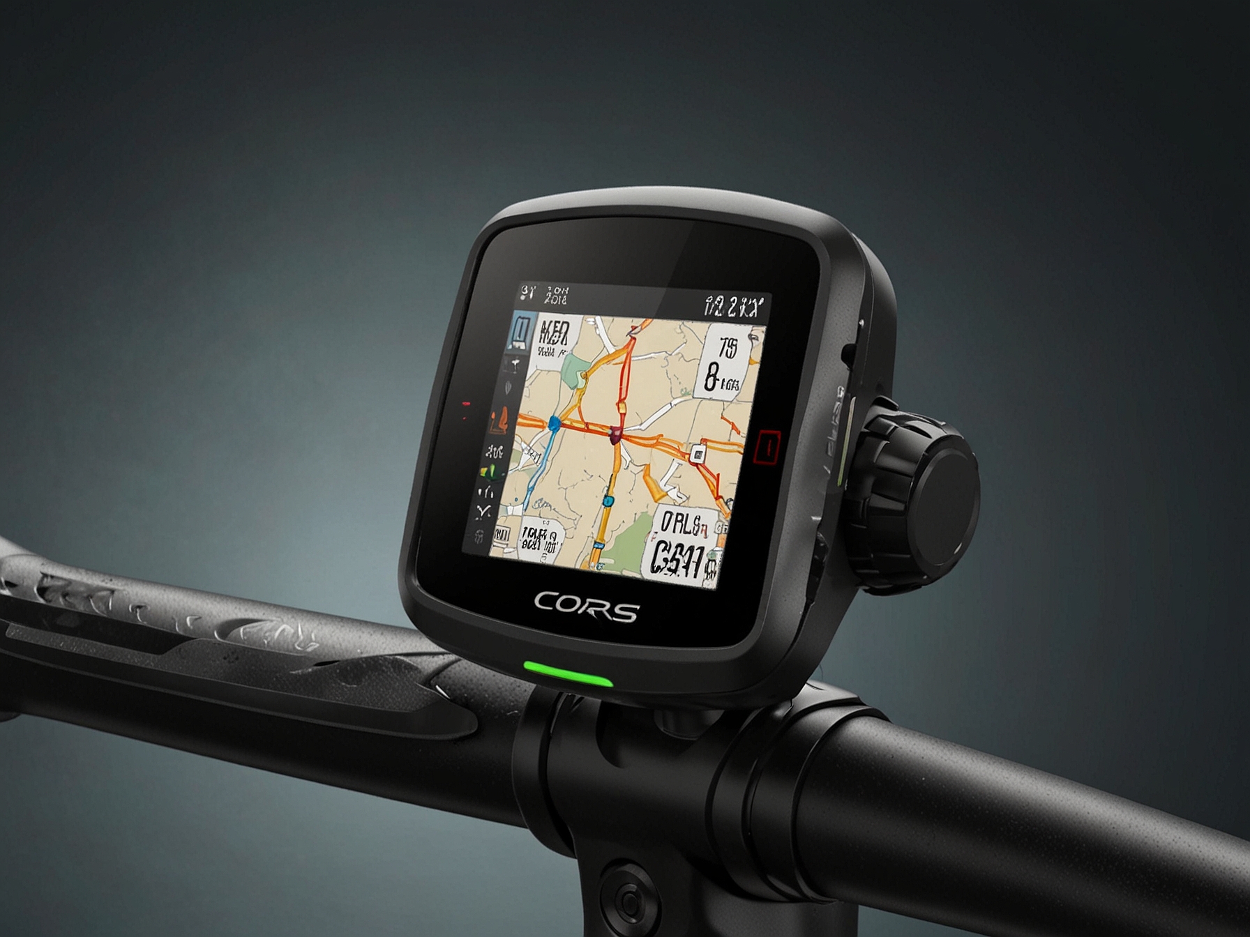 The sleek and user-friendly interface of the Coros Dura, displayed on a bike handlebar, highlighting its comprehensive navigation and performance tracking features.
