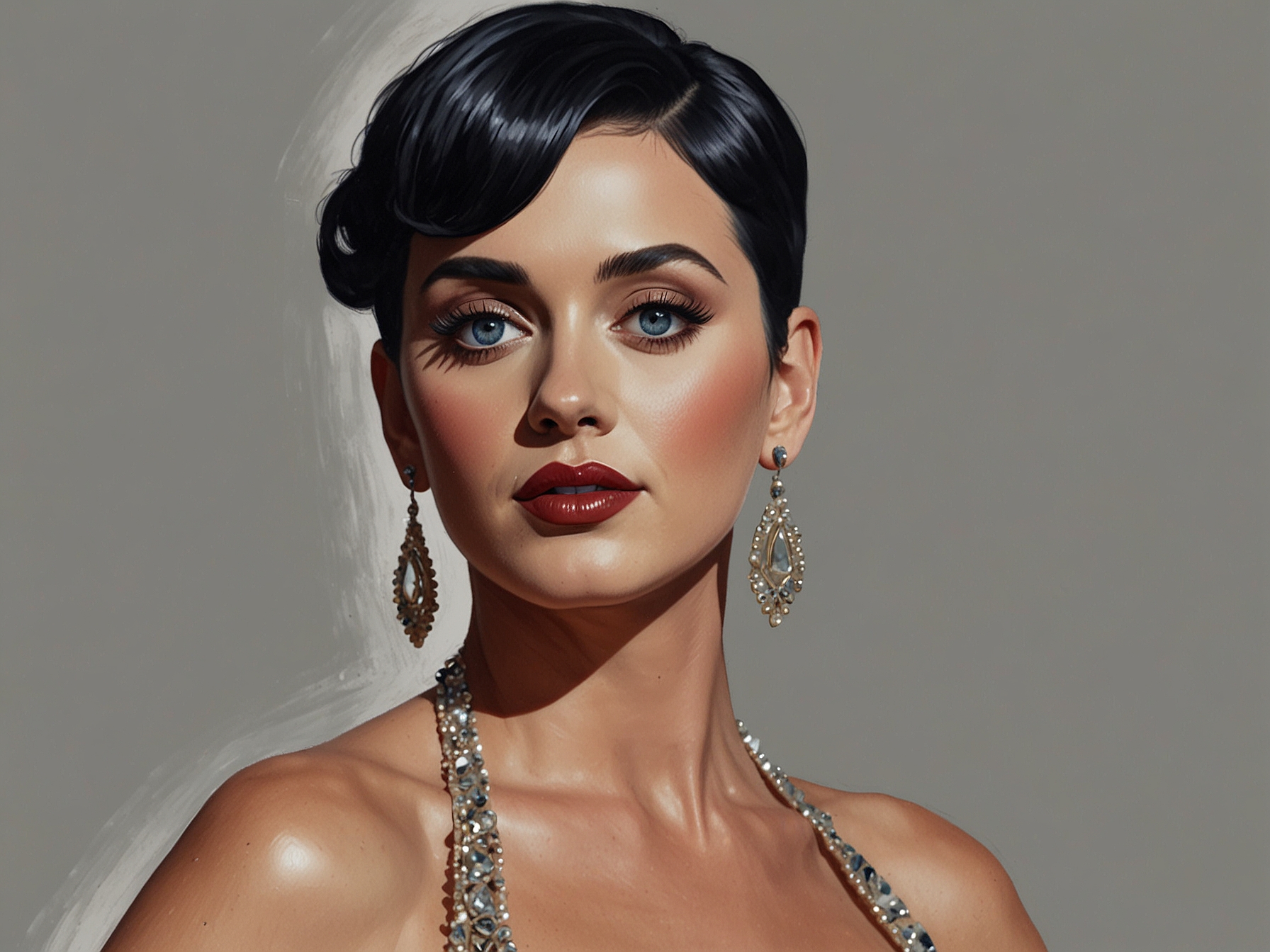 Katy Perry stuns in a glamorous, glittering low-cut gown, exuding confidence and charm. The photo captures her in a bold, striking pose, showcasing her effortless elegance and vibrant style.