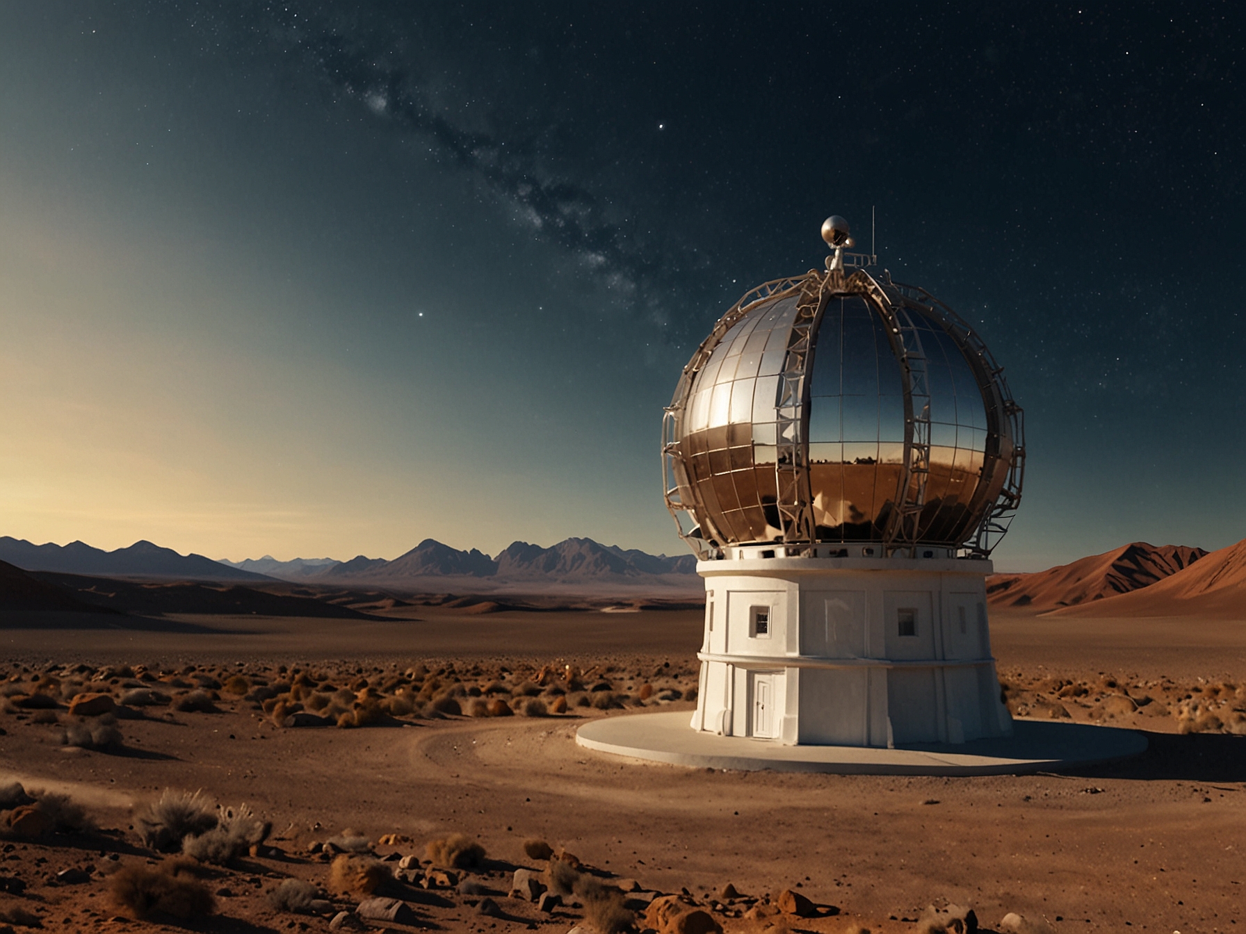 A panoramic view of the Simons Observatory located in the arid expanses of Chile's Atacama Desert, highlighting its advanced telescopic instruments under clear skies optimal for astronomical observations.
