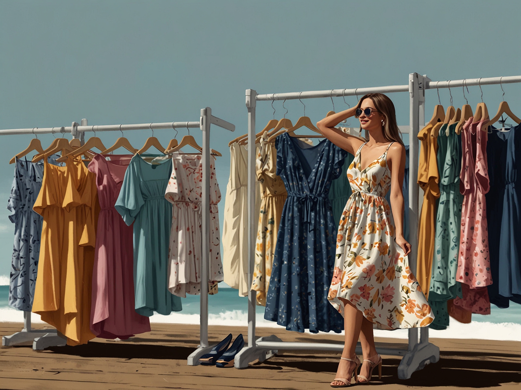 A shopper holding up a stunning summer dress in front of a clothing rack at a secret outlet store, showcasing affordable and stylish options perfect for a beachside holiday.