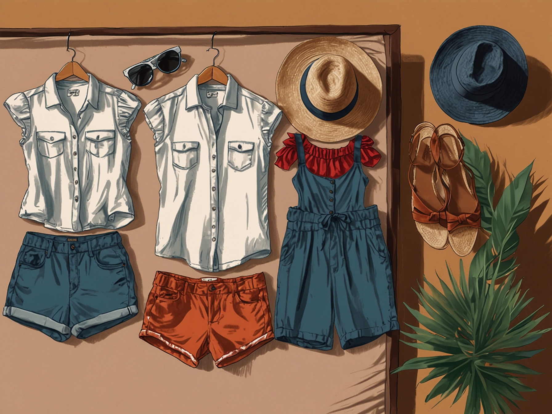 An array of holiday outfits including shorts, stylish tops, and fashionable sandals laid out on a bed, highlighting a budget-friendly holiday wardrobe for less than £100.