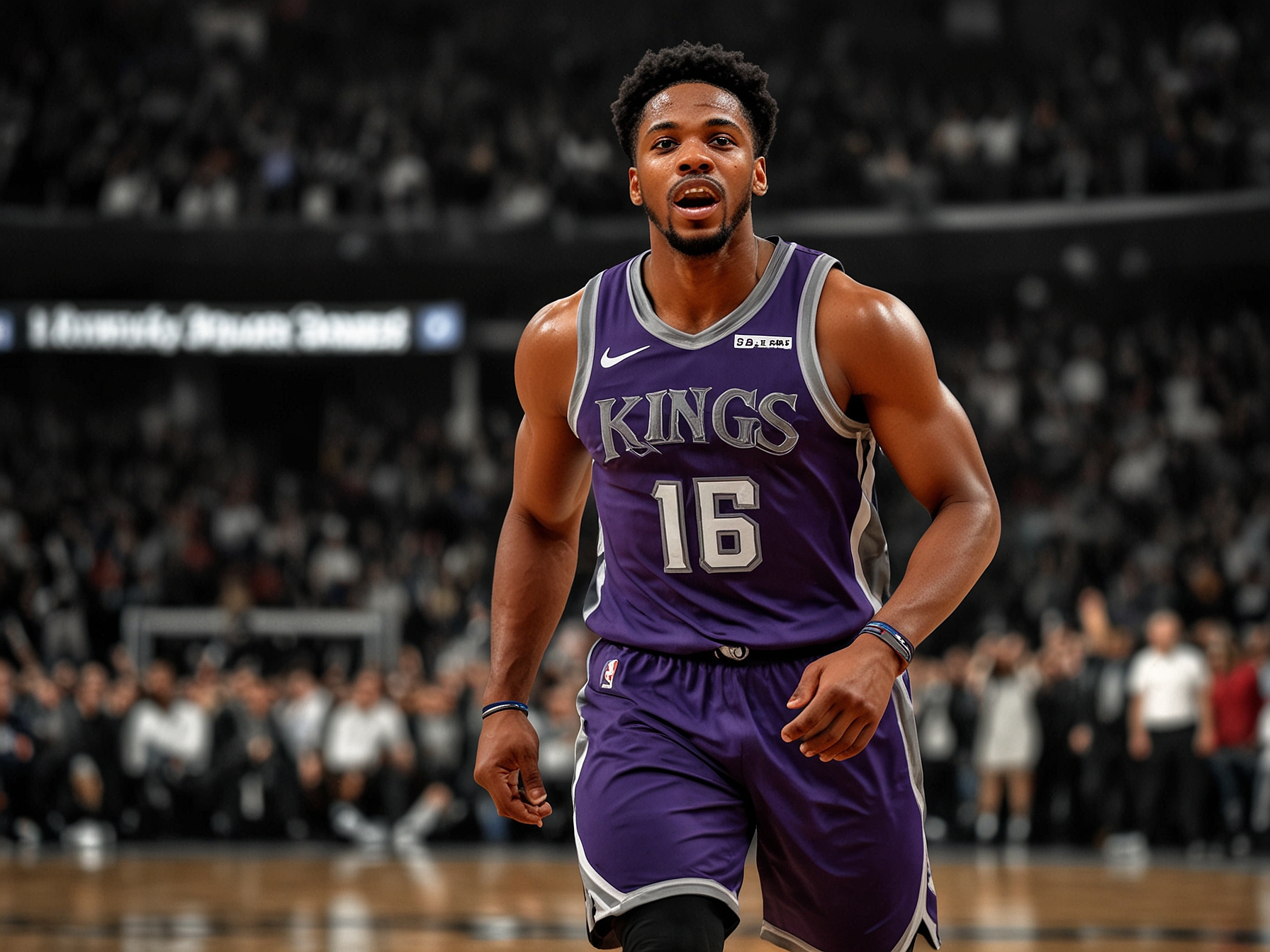 The Kings' Sixth Man of the Year runner-up celebrates after a crucial play, showcasing his dynamic impact coming off the bench. His energy and skill are key to the team's success.