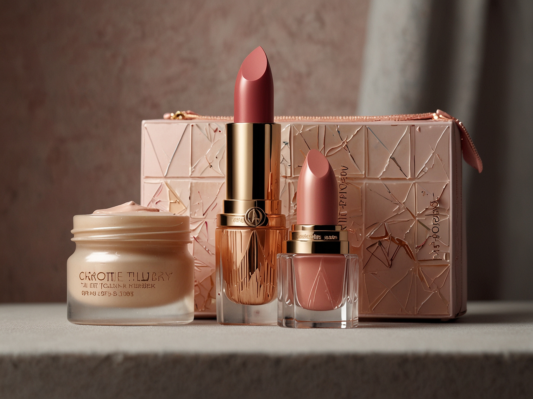 A curated selection of luxury beauty products from Charlotte Tilbury including Magic Cream and Pillow Talk Lipstick, showcased against an elegant backdrop.