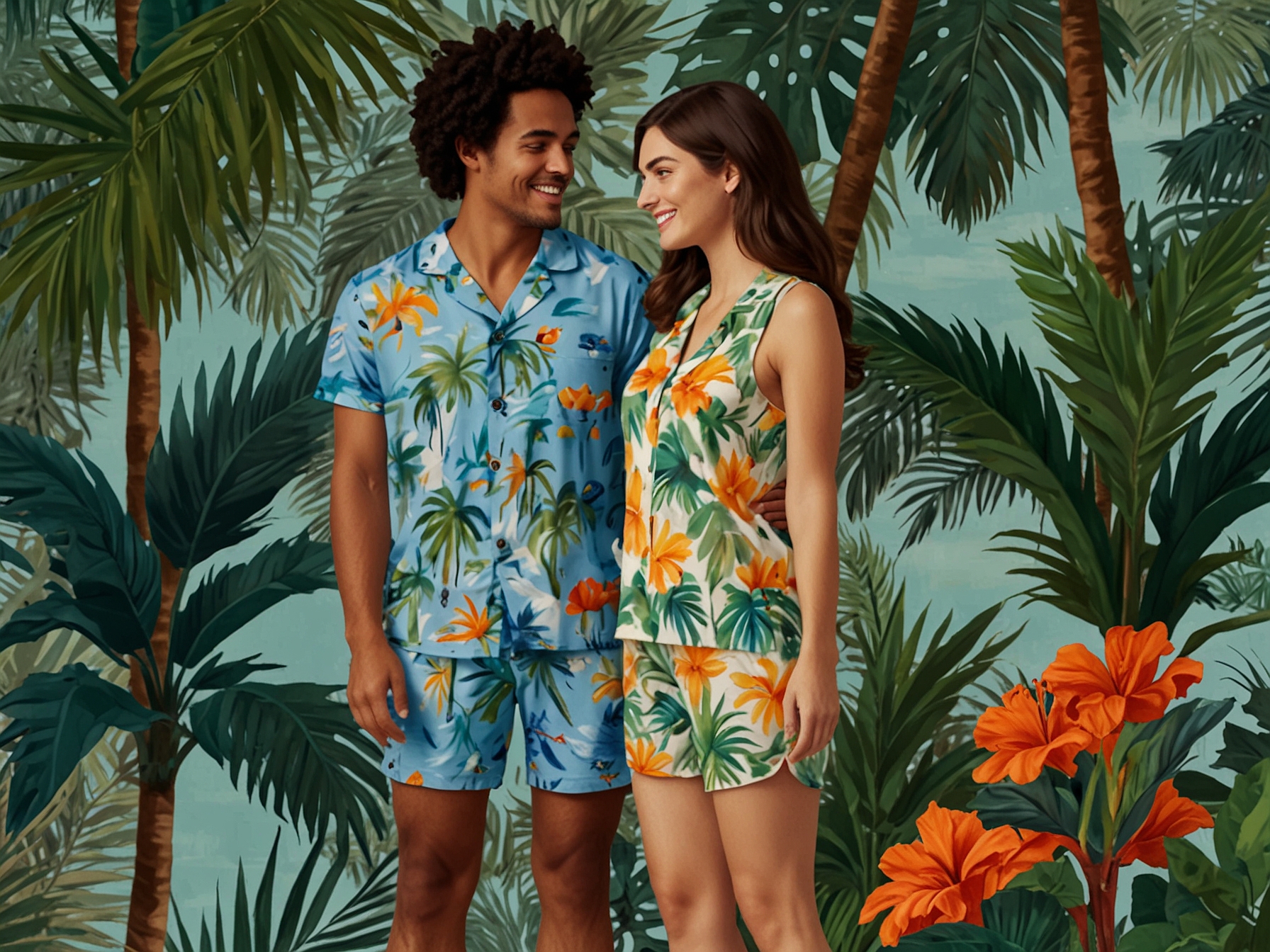 A vibrant display featuring Toms Alpargata Espadrilles and Chelsea Peers Tropical Palm Print PJ Set, highlighting versatile comfort and stylish sleepwear.