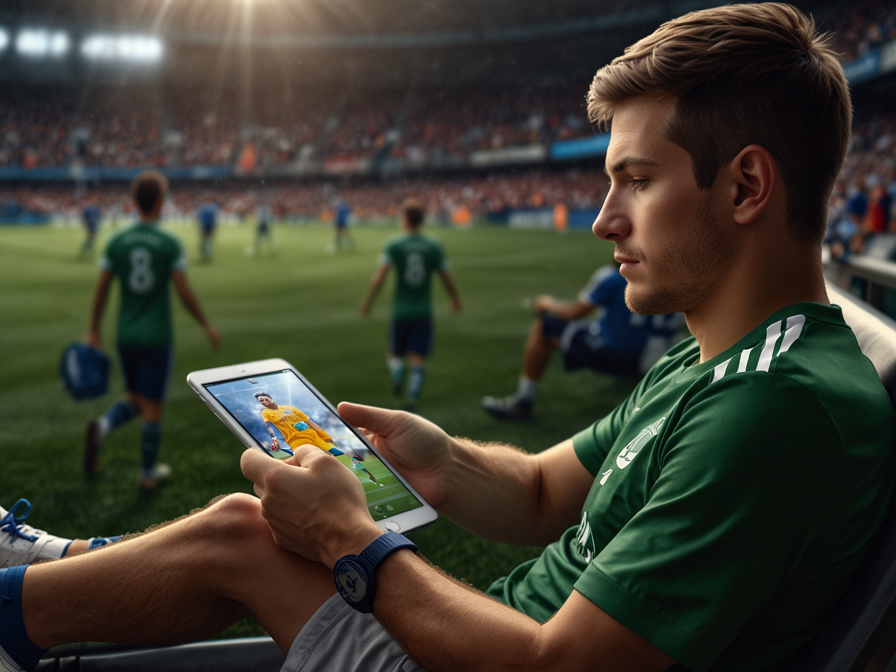 A soccer fan using Apple’s MLS Season Pass on their tablet, activating the Catch Up feature to stay updated with key plays and highlights during an ongoing match.