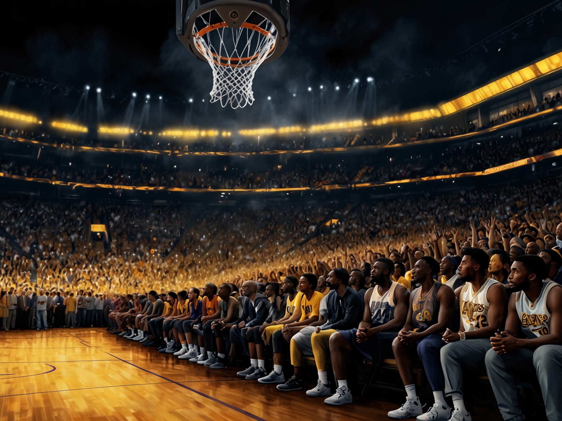 An electrifying basketball arena packed with fans, capturing the intense energy and deafening roar of the crowd, setting the scene for Kobe Bryant's legendary 'Black Mamba' transformation.