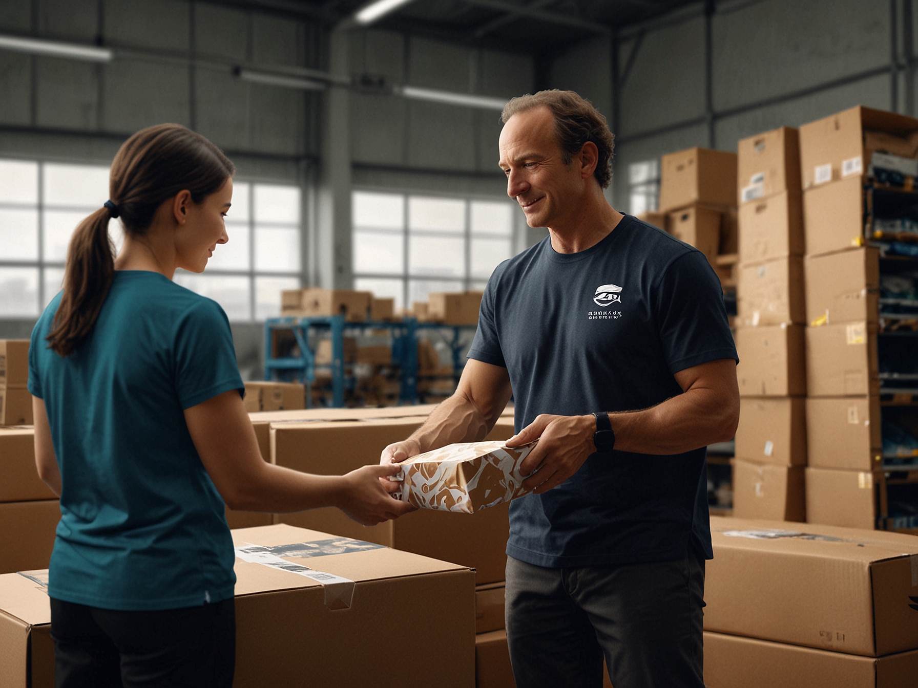An Amazon warehouse worker is shown packing a box with crumpled paper instead of plastic air pillows, highlighting the company’s new sustainable packaging initiative.
