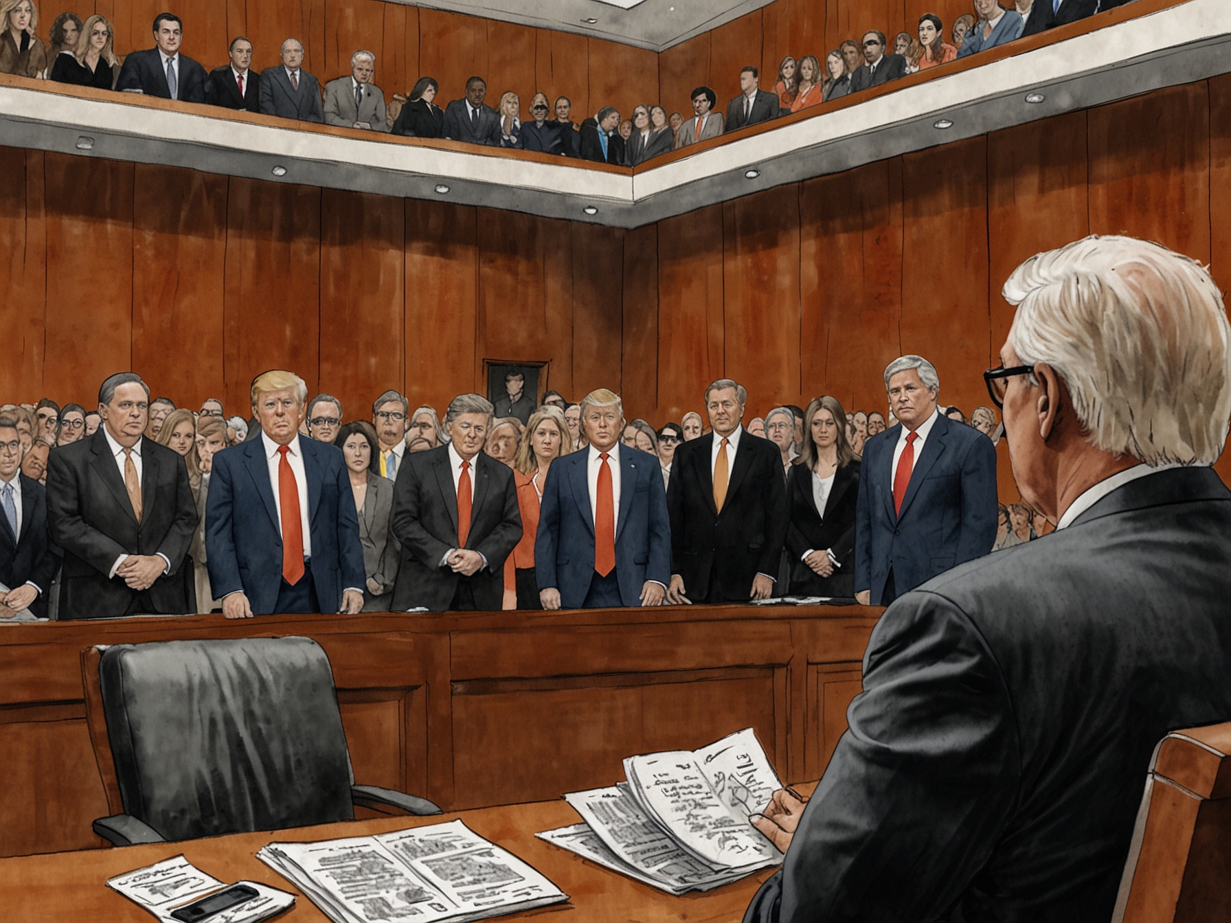 Observers and media capturing the high-profile three-day hearing in Florida, highlighting the intense public and media scrutiny surrounding the Trump legal proceedings.