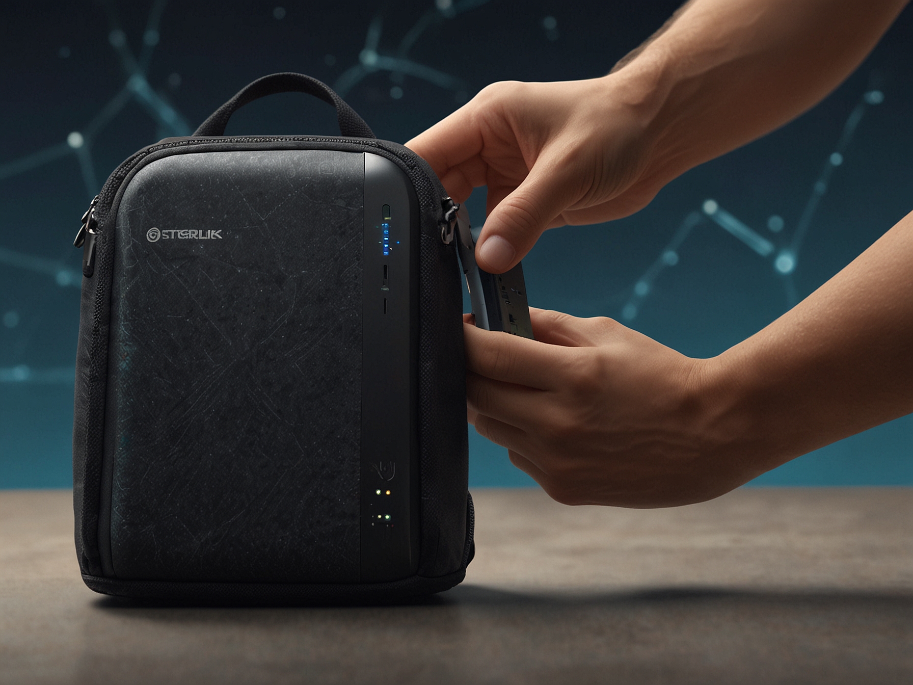 Image of a person placing the Starlink Mini router into a backpack, showcasing its compact size and portability for on-the-go internet connectivity.