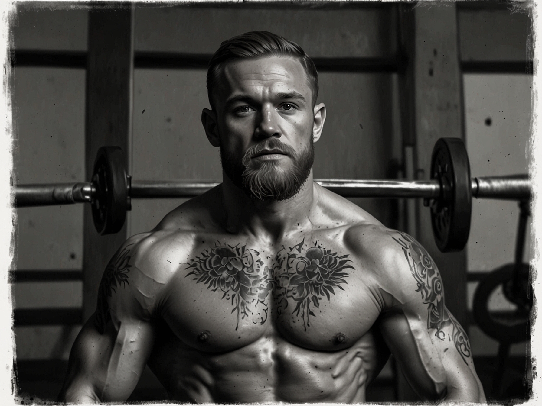 Conor McGregor in a determined pose in the gym, symbolizing his commitment to recover and return to the UFC. He is seen engaging in rigorous physiotherapy and training routines.