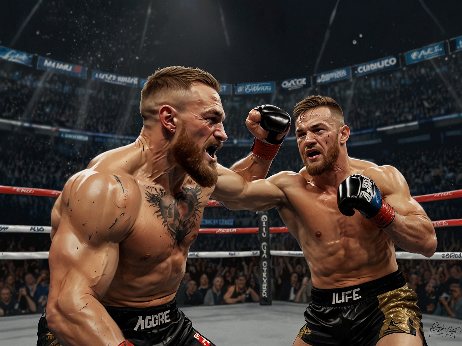 A dynamic promotional poster highlighting the postponed fight between Conor McGregor and Michael Chandler, capturing the excitement and anticipation for the rescheduled bout.