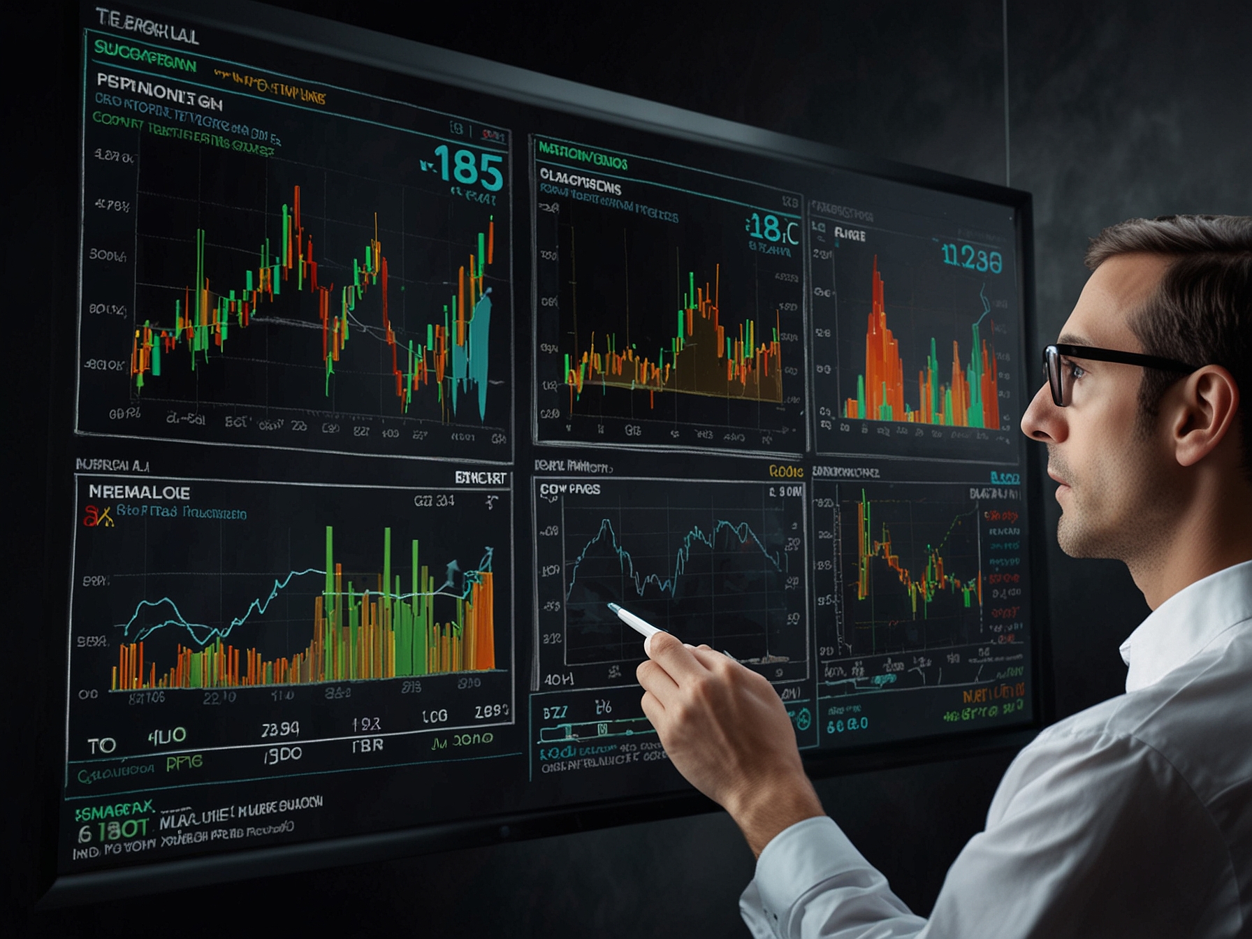 An investor analyzing financial data on a digital screen with stock charts representing the performance of NanoTech Solutions, EcoEnergy Corp., and MedTech Innovations.