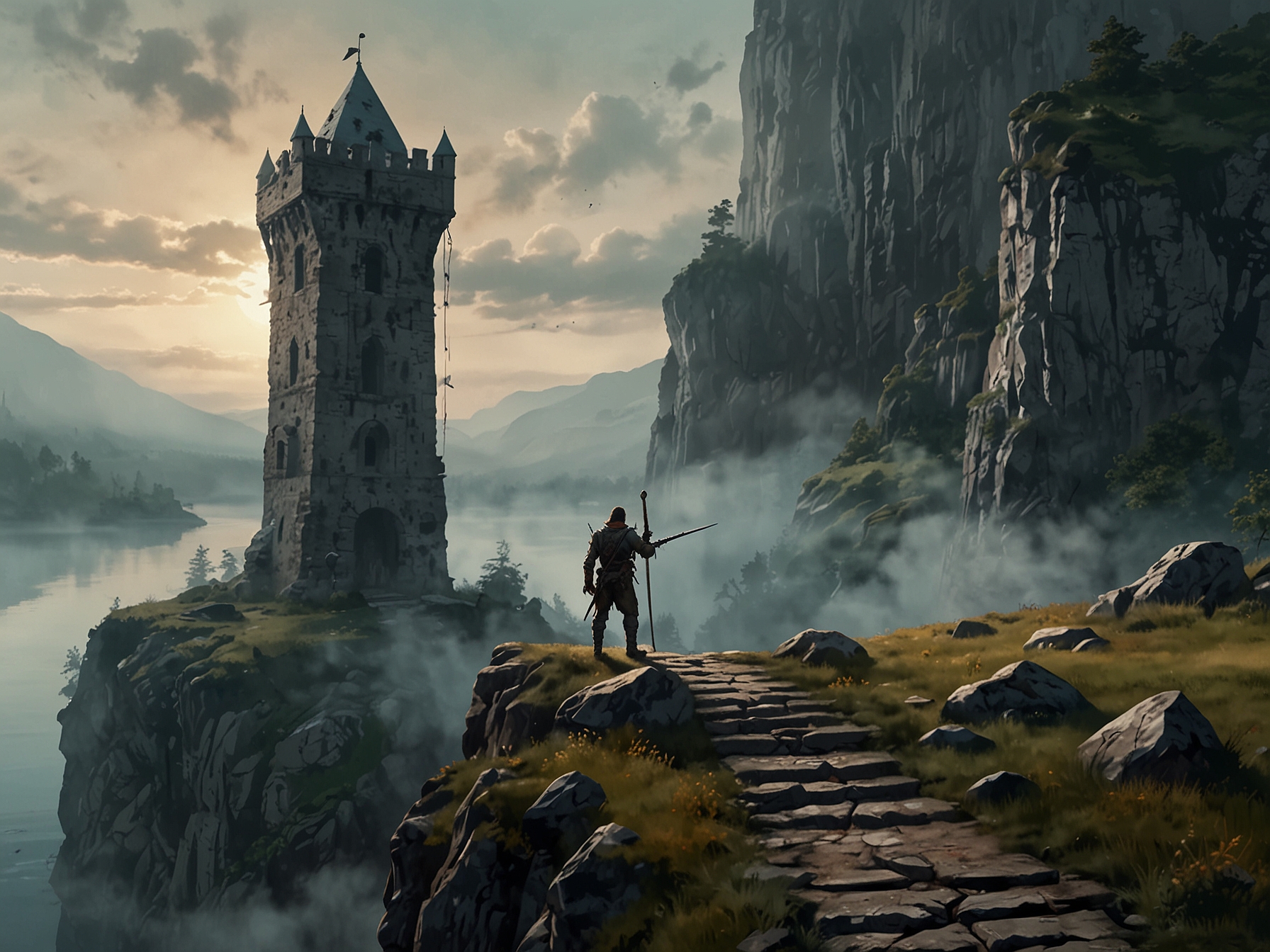 An adventurer stands before the imposing Belfry in Liurnia of the Lakes, with mist-covered waterways and ruinous cliffs in the background, holding the Imbued Sword Key.