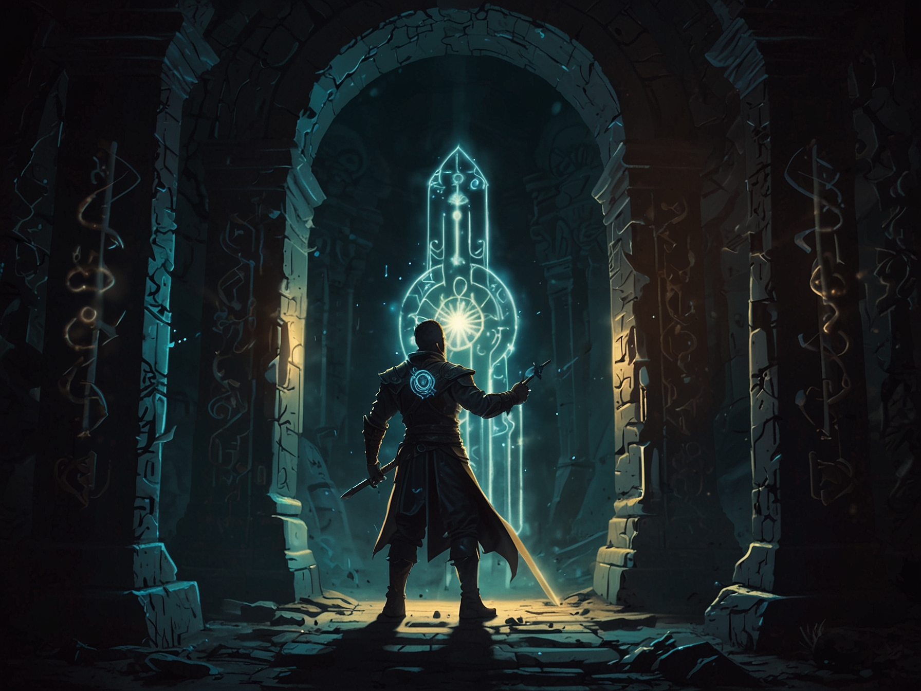 Illustration of a character activating a portal using the Imbued Sword Key, with glowing runes and a mystical gateway opening to an unknown enchanted realm.