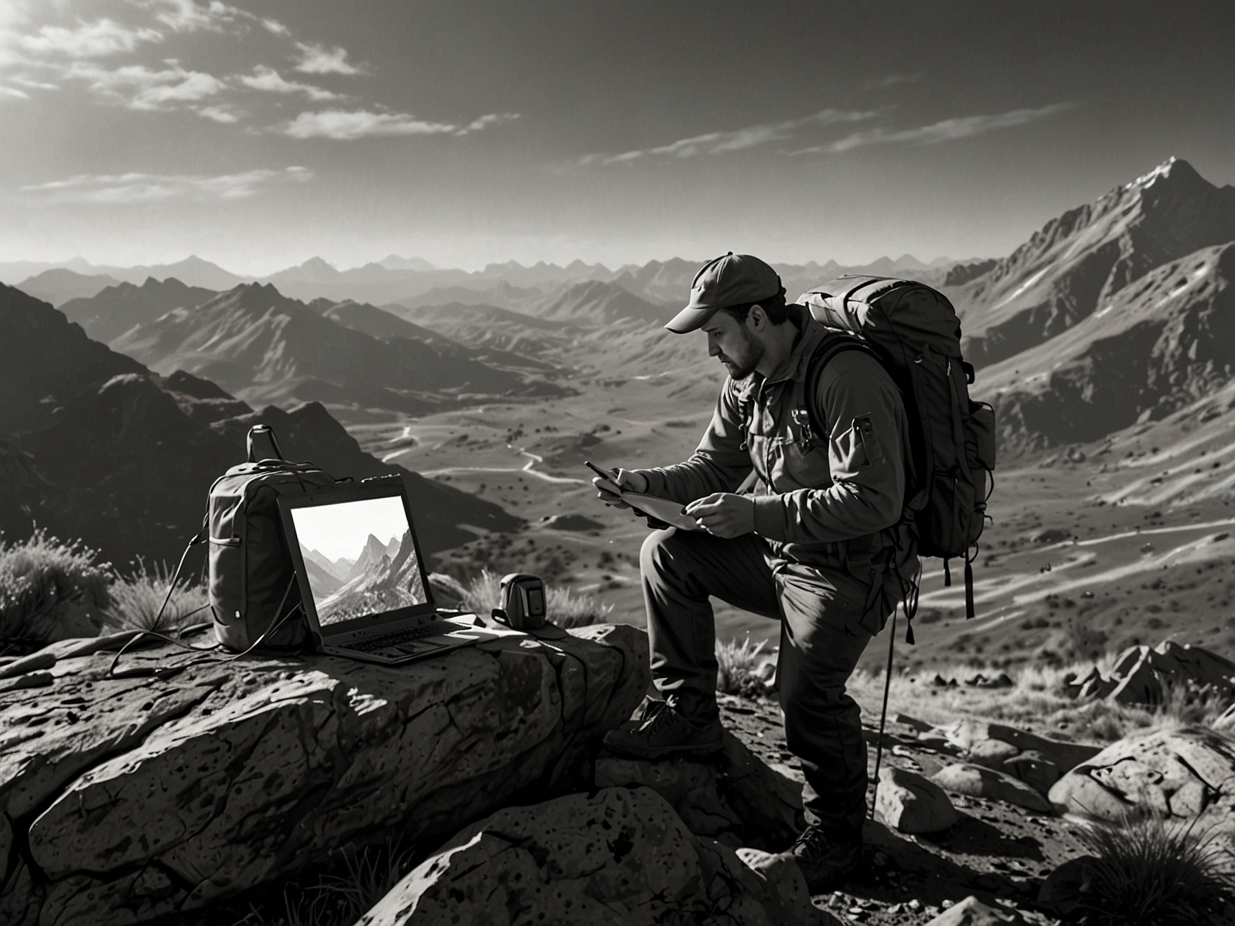 A hiker setting up the compact Starlink Mini device in a remote mountainous area, showcasing its portability and the promise of reliable internet connectivity even in secluded locations.