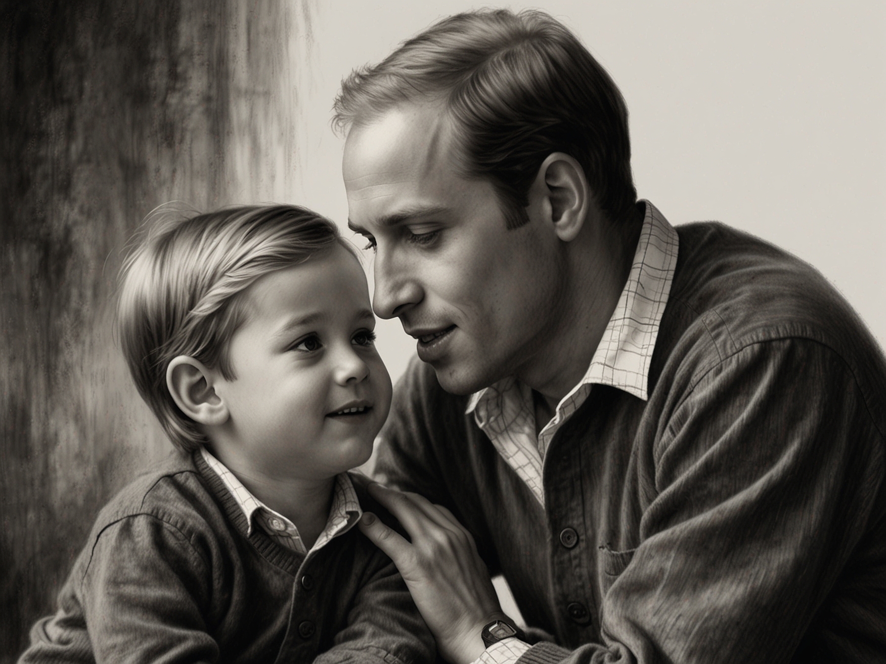 A heartwarming black-and-white photo of a young Prince William with his father, King Charles, showcasing a tender moment of bonding that reflects their deep father-son relationship.